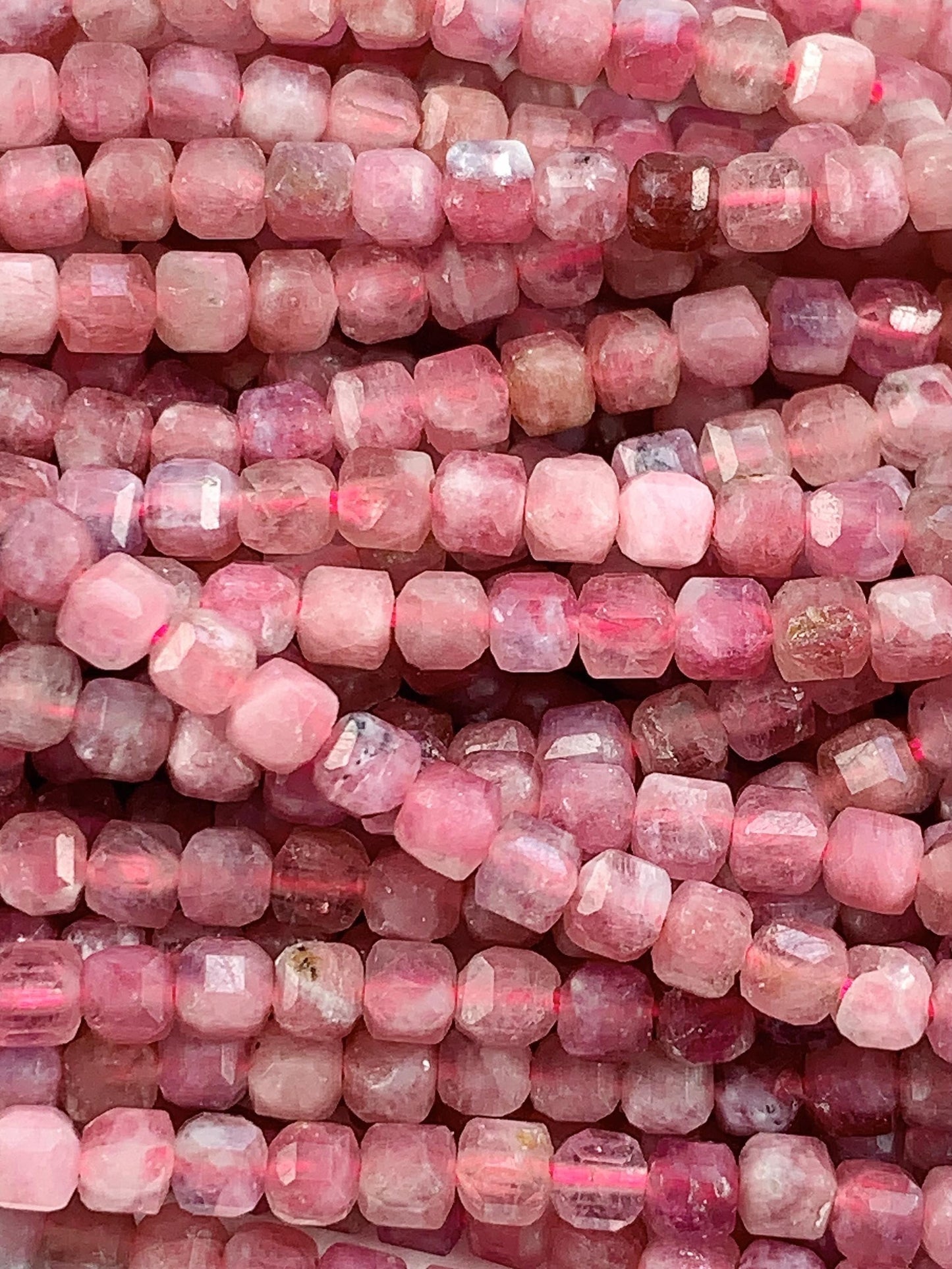 3mm + Genuine Natural Pink Tourmaline Faceted Cube Square Beads 15.5" Strand
