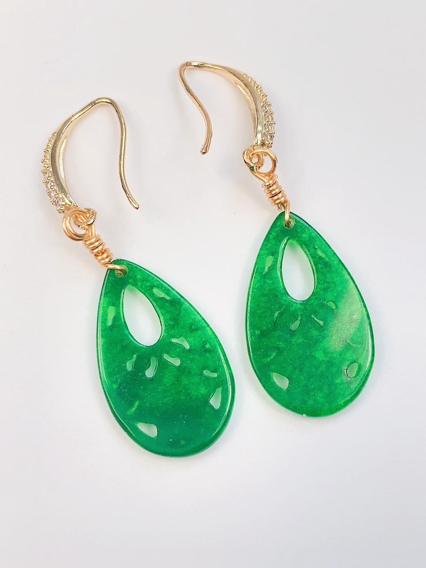 25mm Natural Green Jade 14K Yellow Gold Filled Earrings Ear Stud Handmade May Birthstone