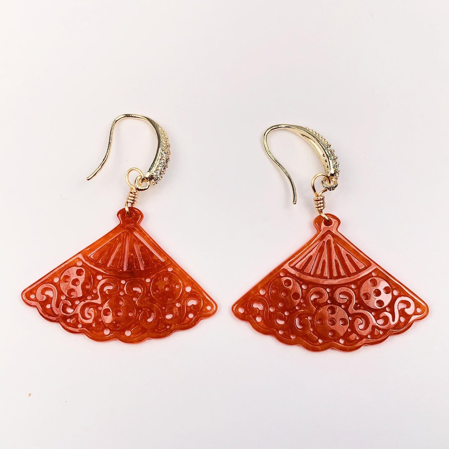 35mm Natural Feicui Fei Orange Jade 14K Yellow Gold Filled Earrings Ear Stud Handmade May Birthstone