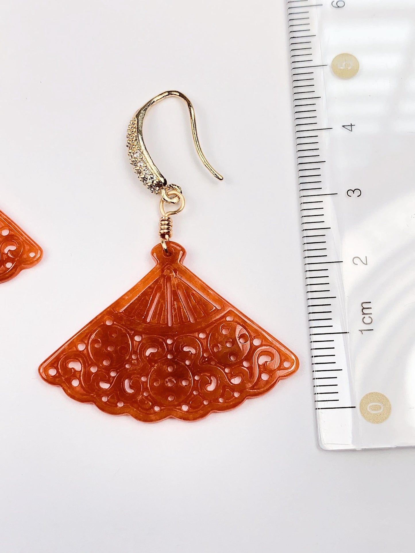35mm Natural Feicui Fei Orange Jade 14K Yellow Gold Filled Earrings Ear Stud Handmade May Birthstone