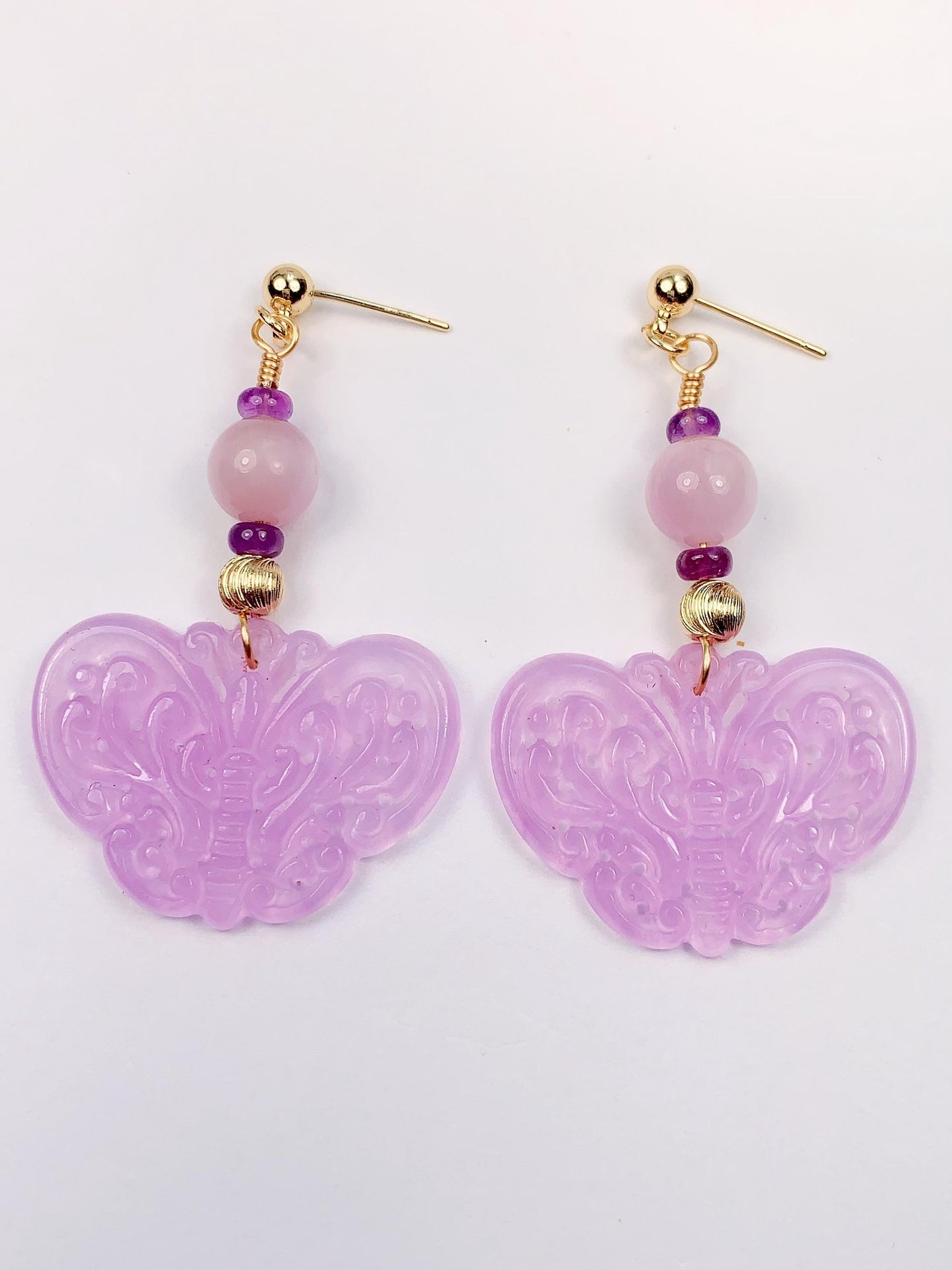 Amethyst Kunzite Earrings: 14K Gold Filled, Purple Jade Butterfly