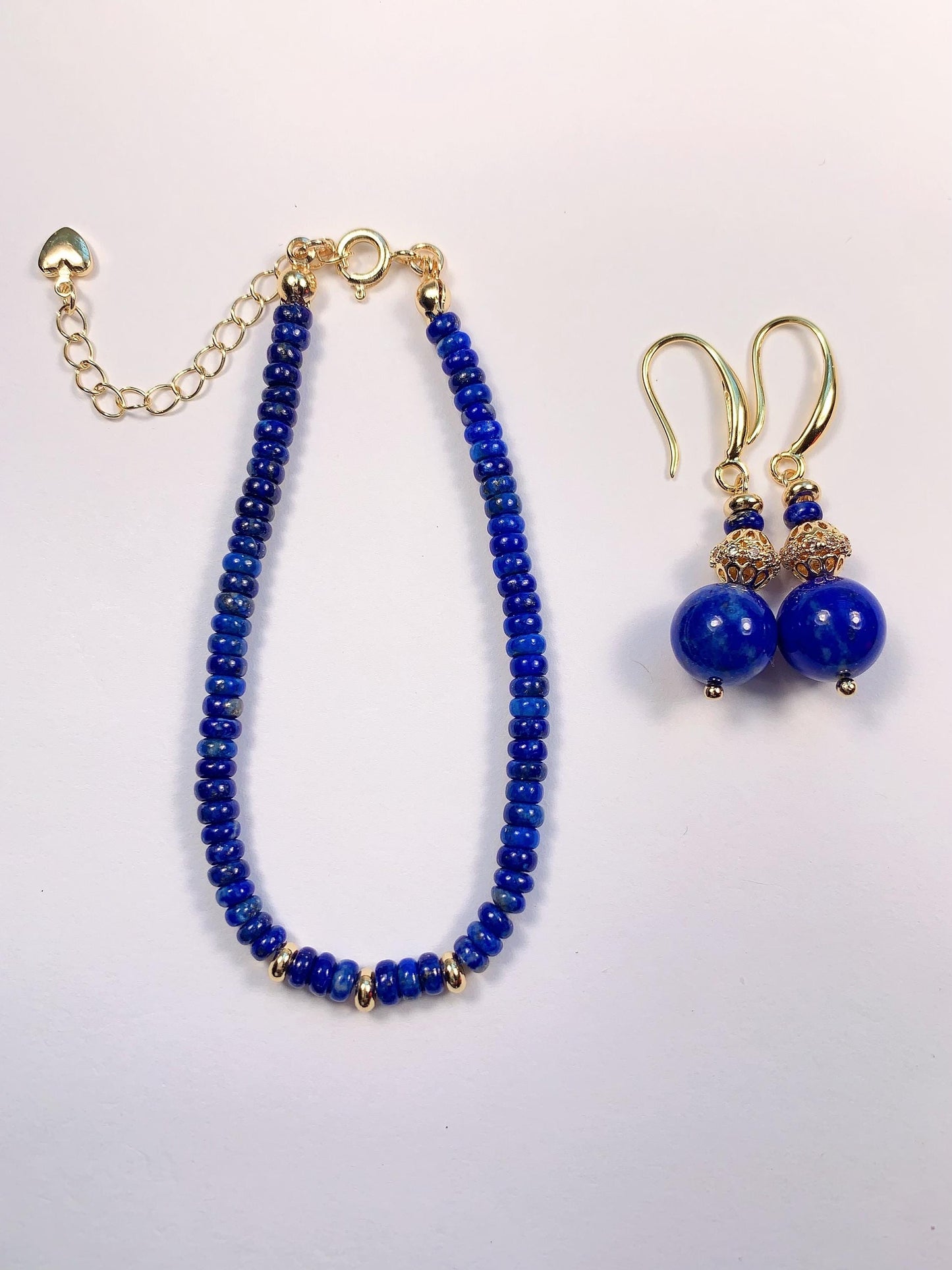 14K Gold Filled Lapis Lazuli Jewelry Set: Bracelet, Earrings, Necklace