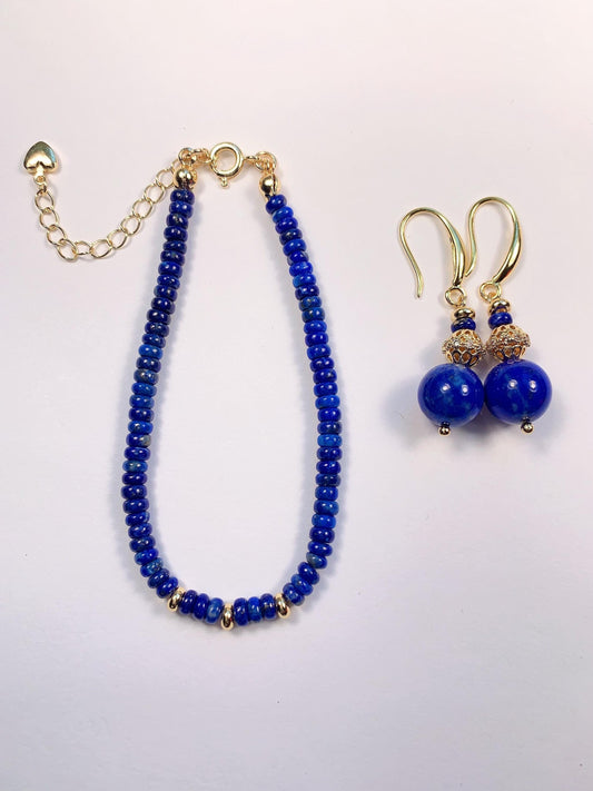 14K Gold Filled Lapis Lazuli Jewelry Set: Bracelet, Earrings, Necklace