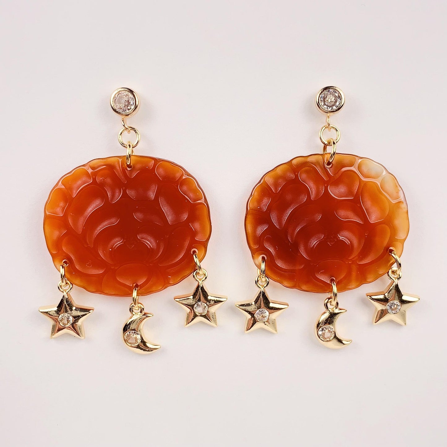 Orange Jade 14K Gold Filled Earrings: Handmade Star Moon Design