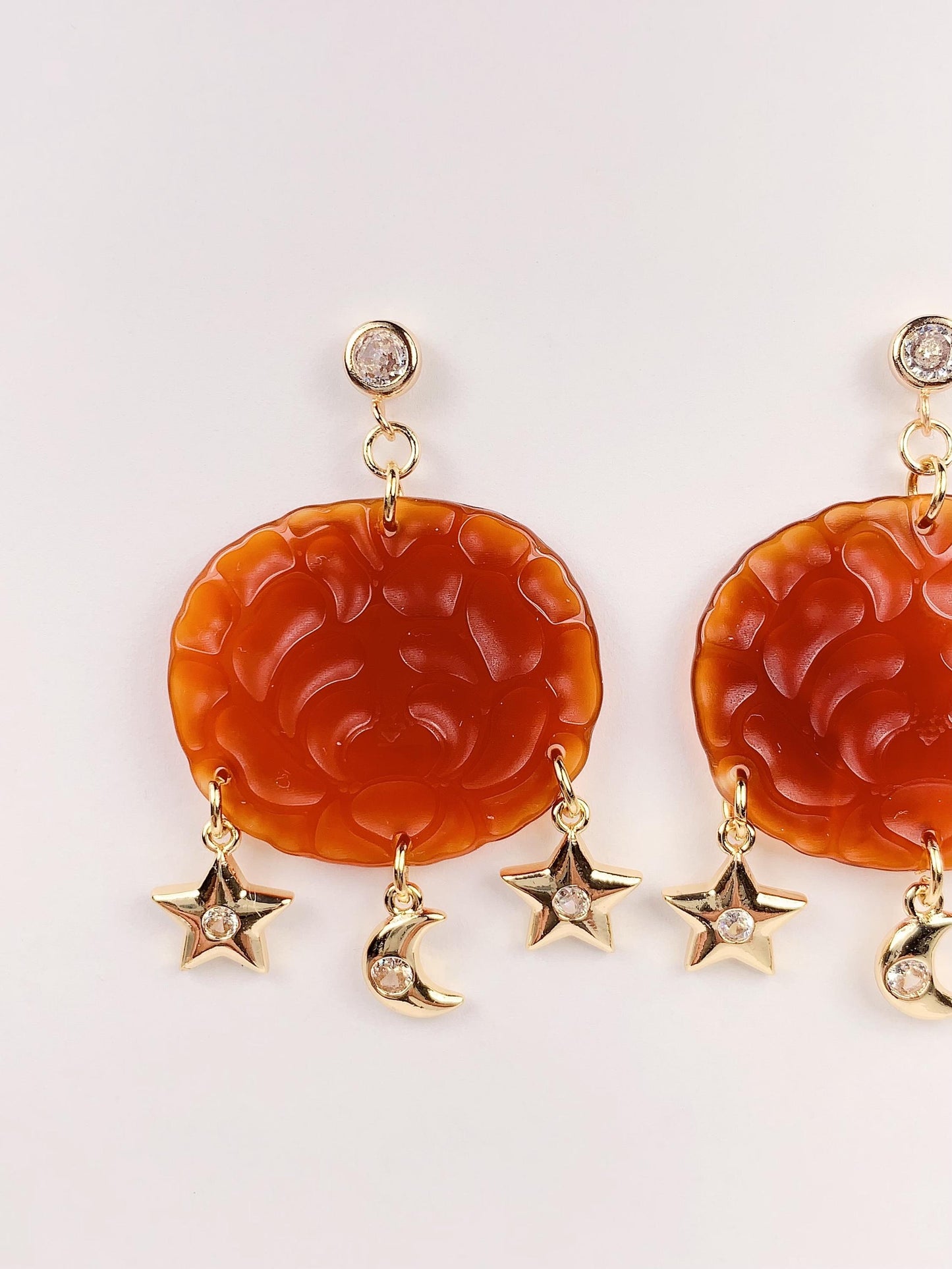Orange Jade 14K Gold Filled Earrings: Handmade Star Moon Design