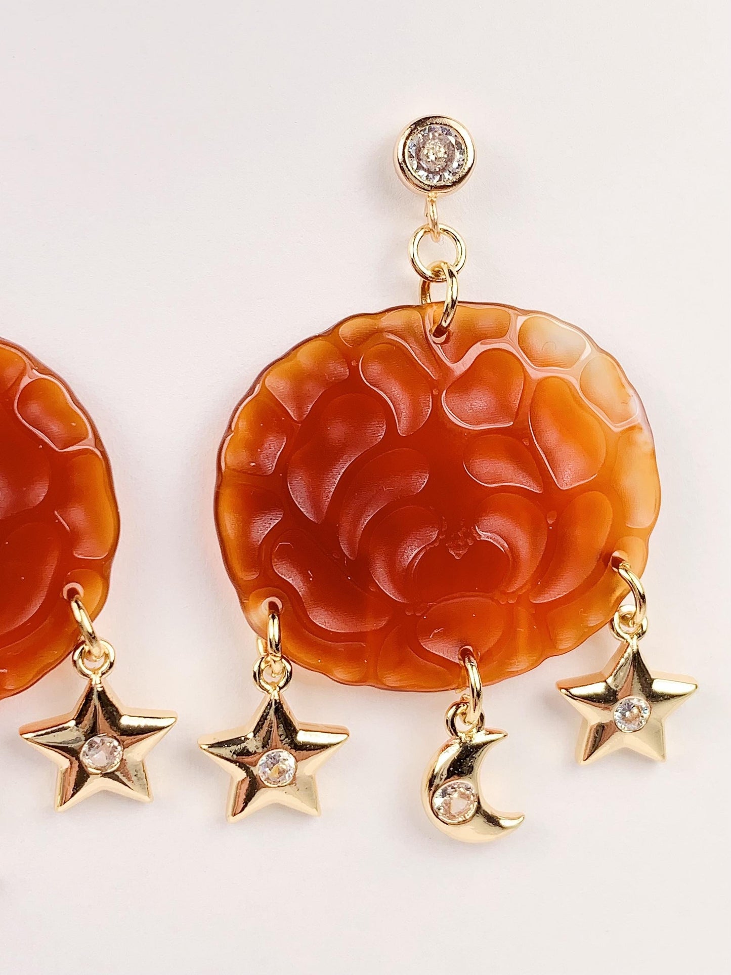 Orange Jade 14K Gold Filled Earrings: Handmade Star Moon Design