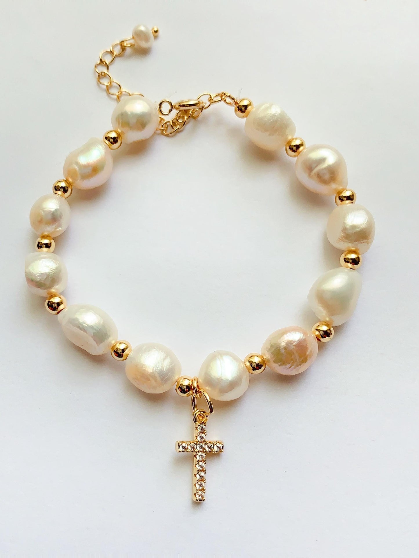 14K Gold Filled Pearl Jewelry Set: Cross Bracelet & Earrings