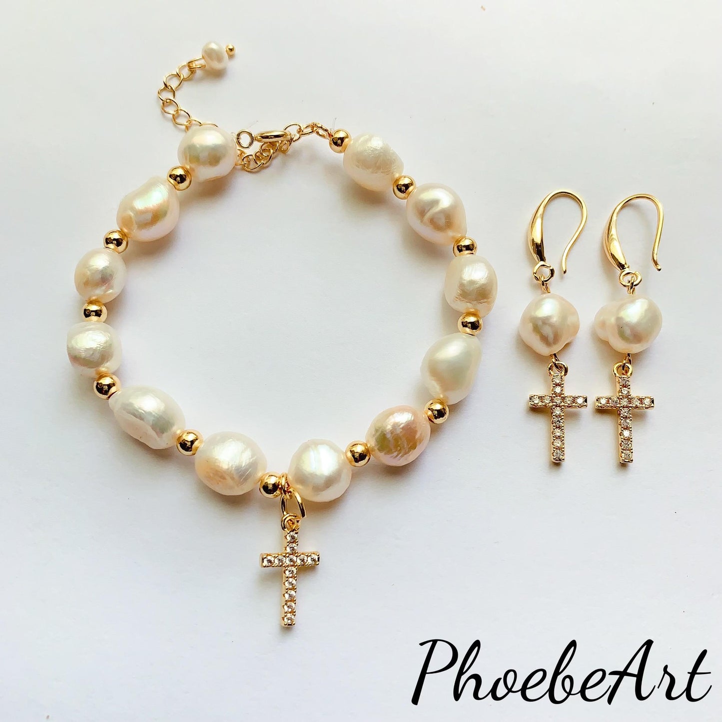 14K Gold Filled Pearl Jewelry Set: Cross Bracelet & Earrings