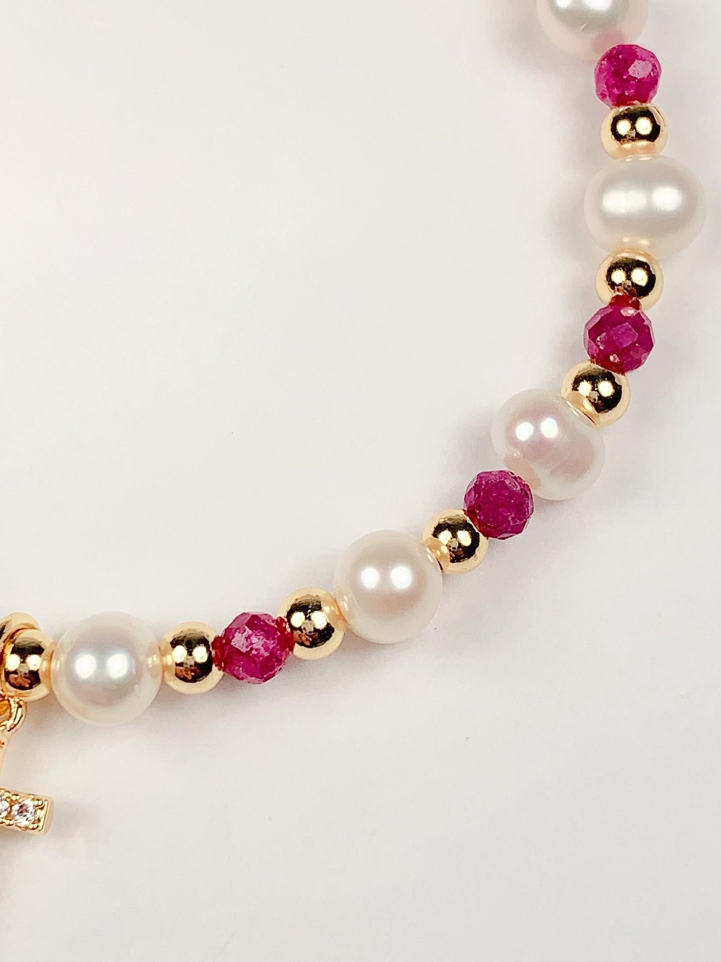 14K Gold Filled Cross Jewelry Set: Ruby Pearl Bracelet, Earrings, Necklace