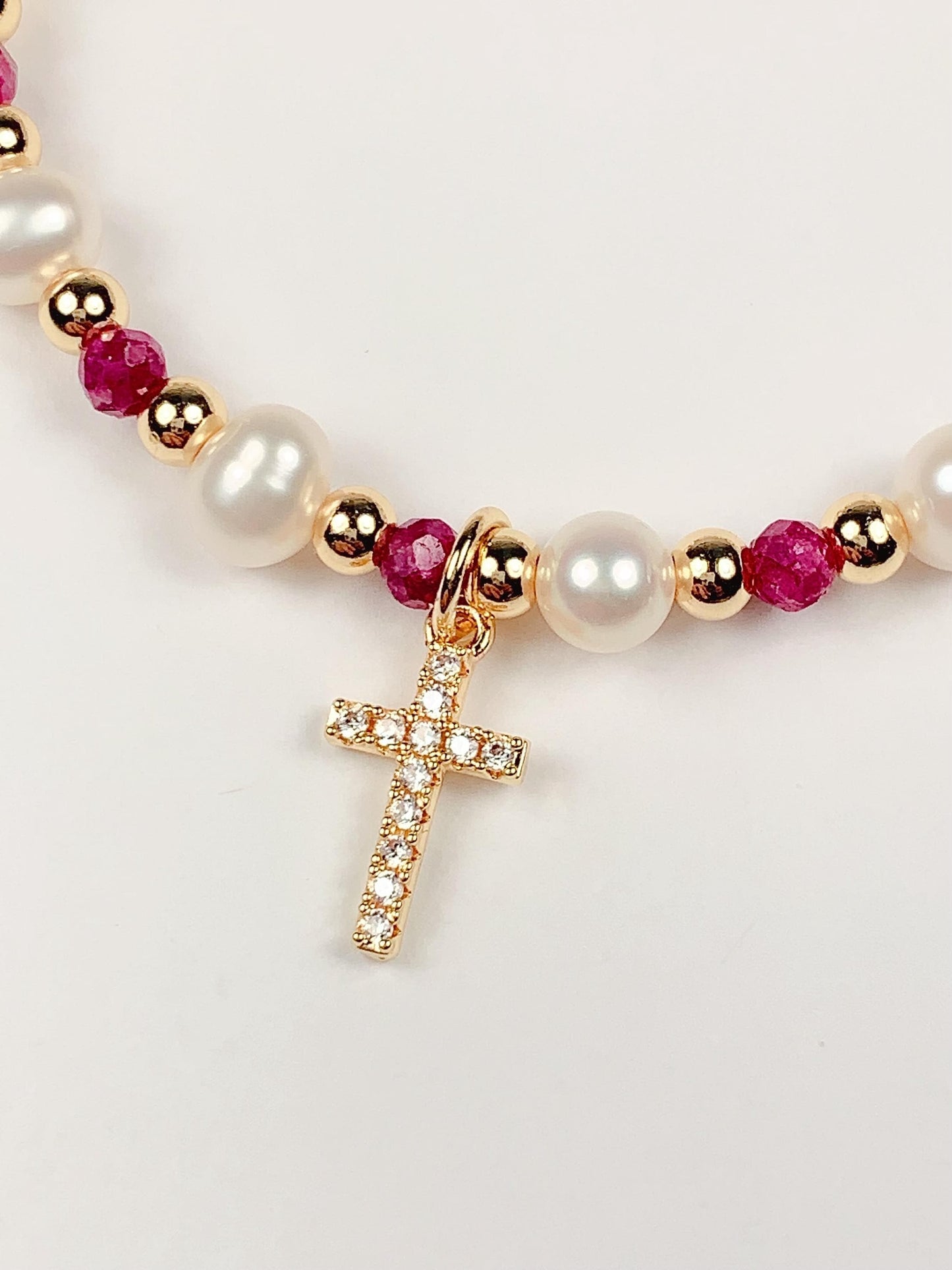 14K Gold Filled Cross Jewelry Set: Ruby Pearl Bracelet, Earrings, Necklace