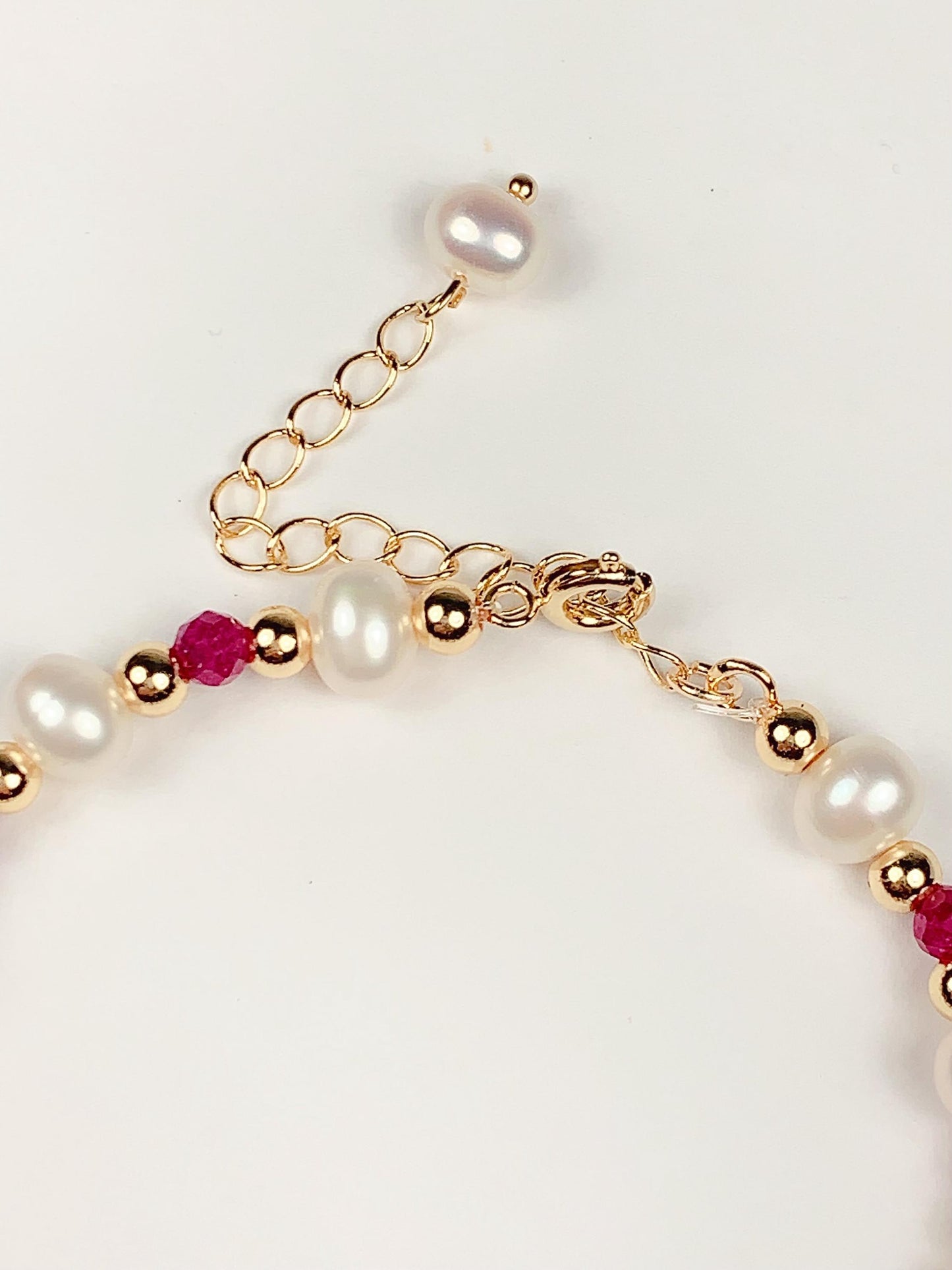14K Gold Filled Cross Jewelry Set: Ruby Pearl Bracelet, Earrings, Necklace