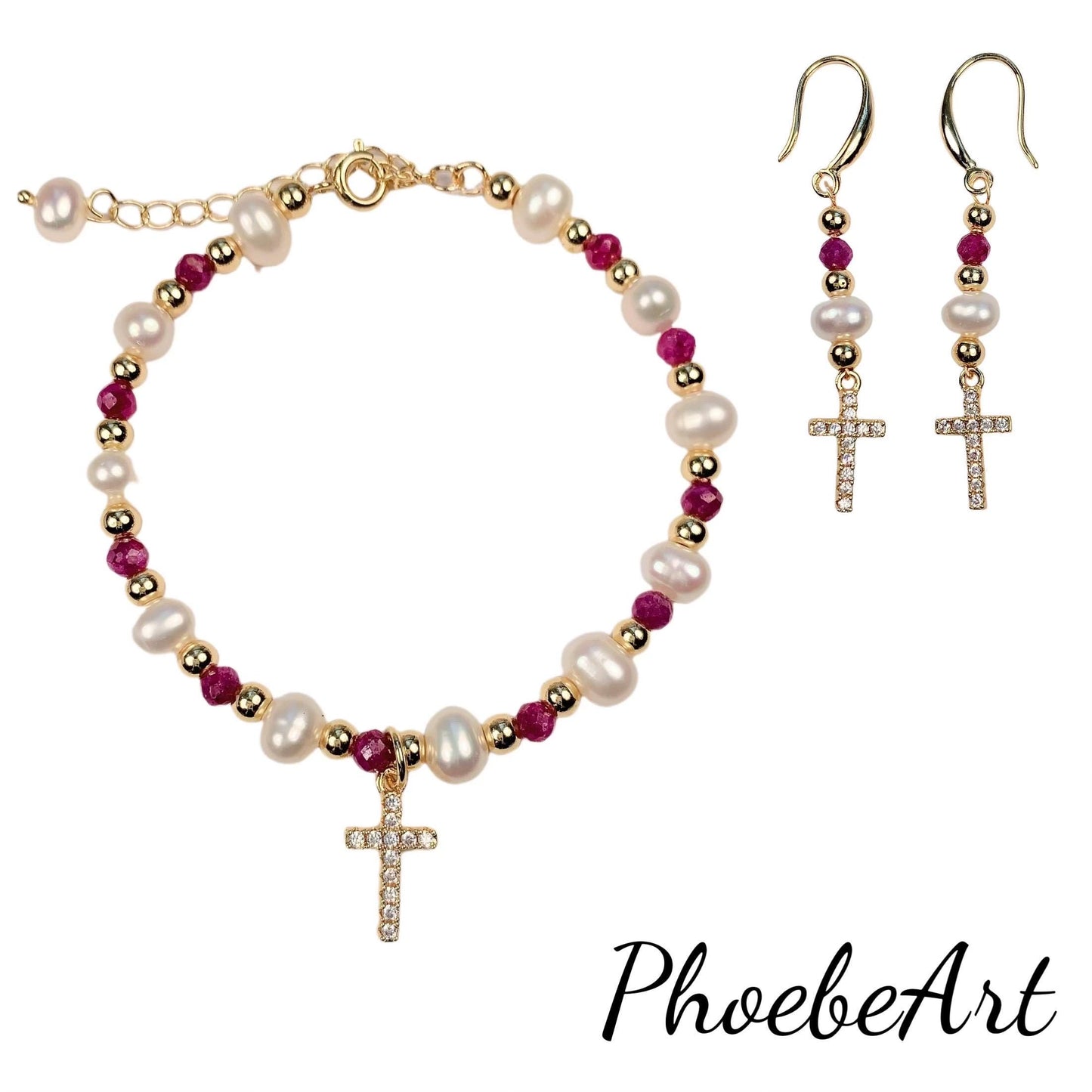 14K Gold Filled Cross Jewelry Set: Ruby Pearl Bracelet, Earrings, Necklace