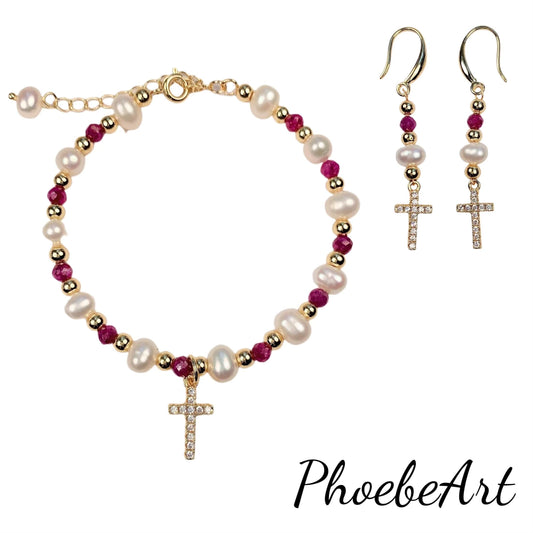 14K Gold Filled Cross Jewelry Set: Ruby Pearl Bracelet, Earrings, Necklace
