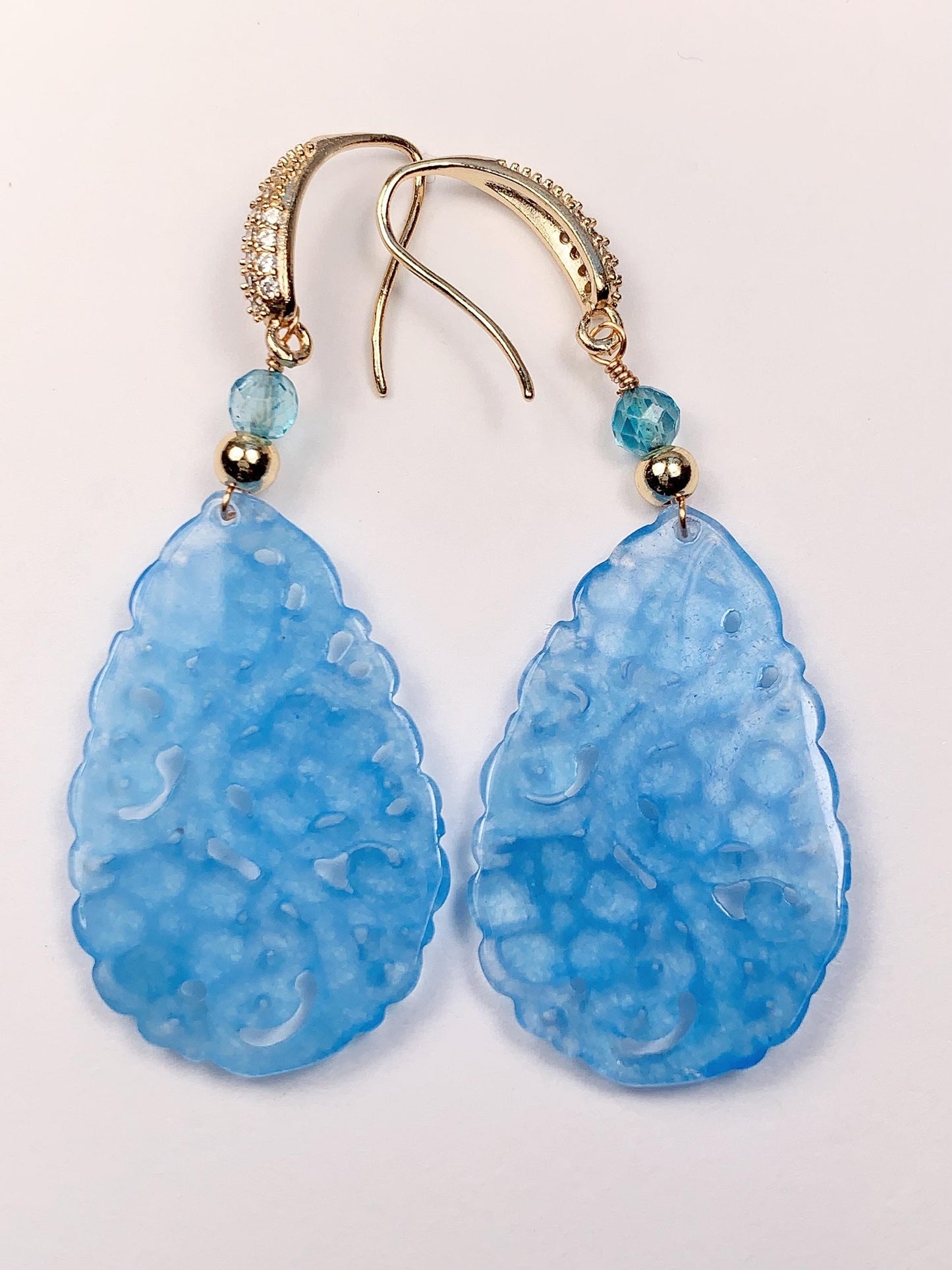 34mm Natural Blue Jade 14K Yellow Gold Filled Earrings Ear Stud Handmade