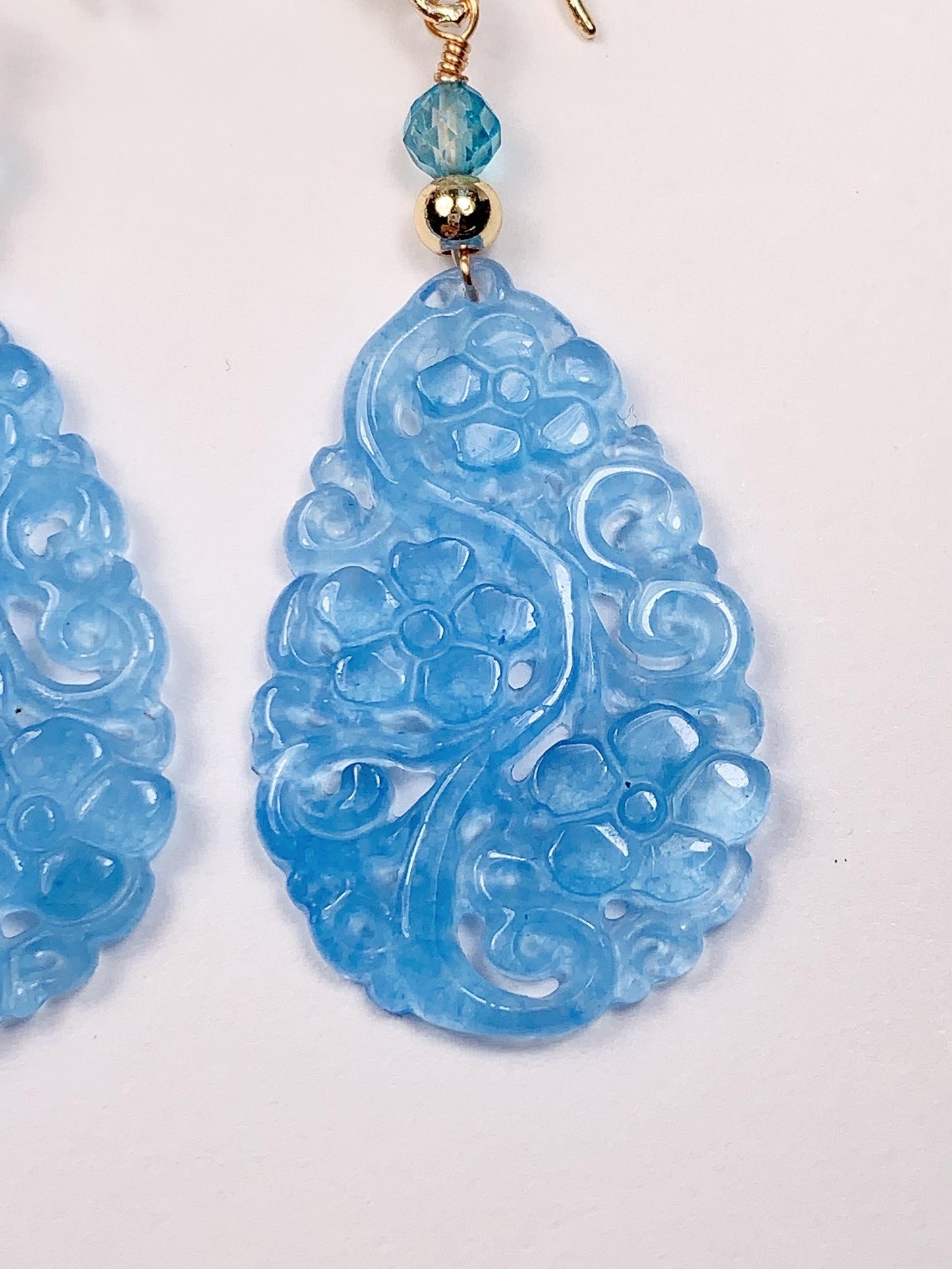 34mm Natural Blue Jade 14K Yellow Gold Filled Earrings Ear Stud Handmade