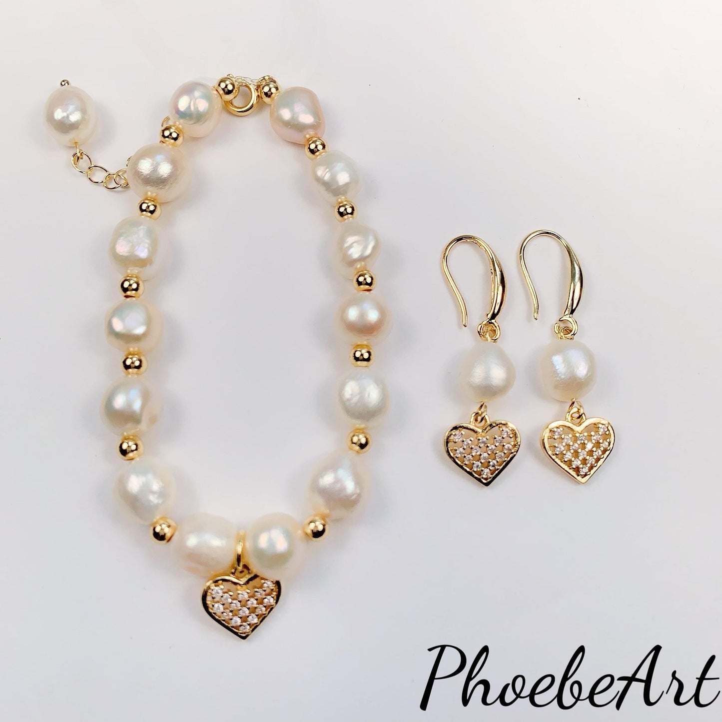 14K Gold Filled Pearl Jewelry Set: Freshwater Pearl Bracelet and Earrings