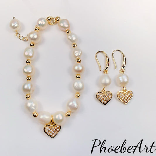 14K Gold Filled Pearl Jewelry Set: Freshwater Pearl Bracelet and Earrings