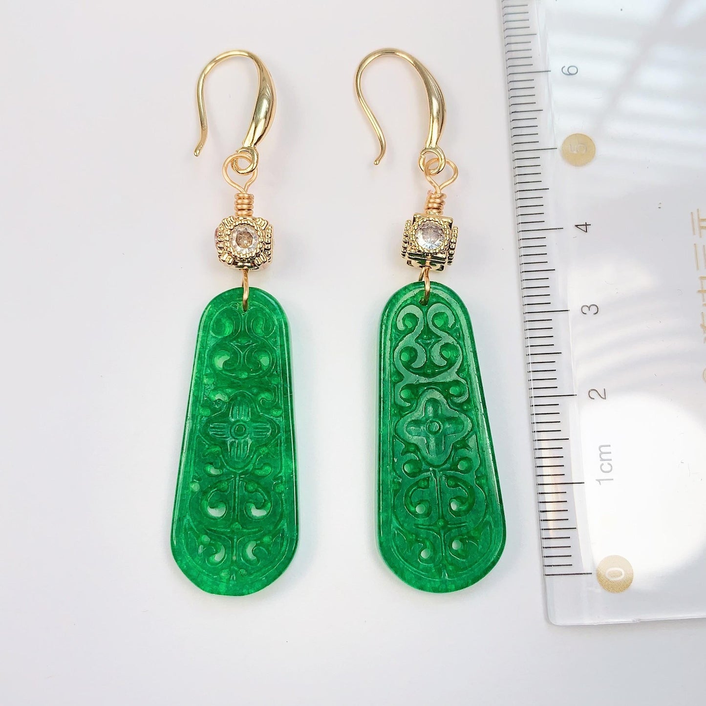 35mm Natural Green Jade 14K Yellow Gold Filled Earrings Ear Stud Handmade May Birthstone