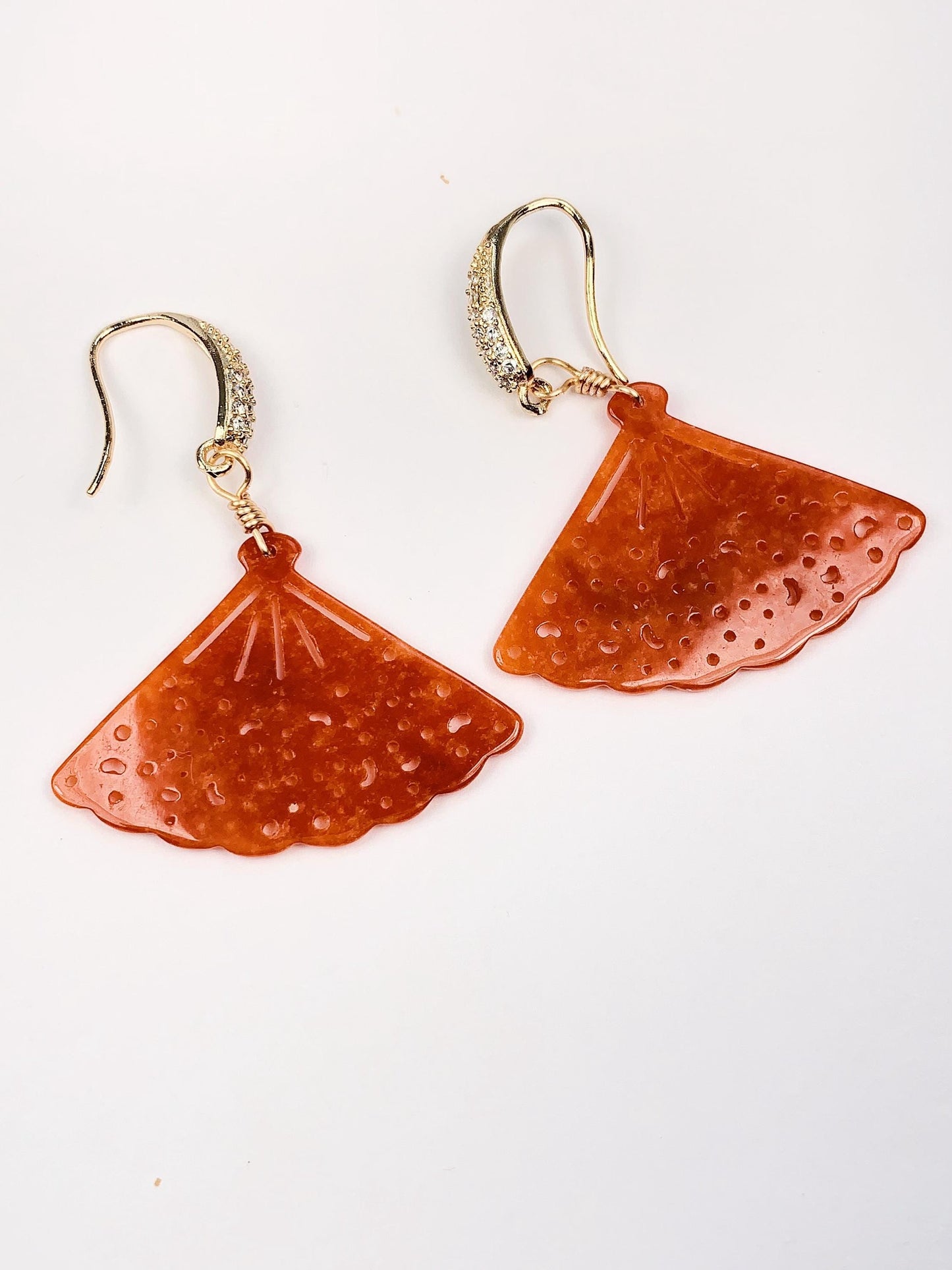 35mm Natural Feicui Fei Orange Jade 14K Yellow Gold Filled Earrings Ear Stud Handmade May Birthstone