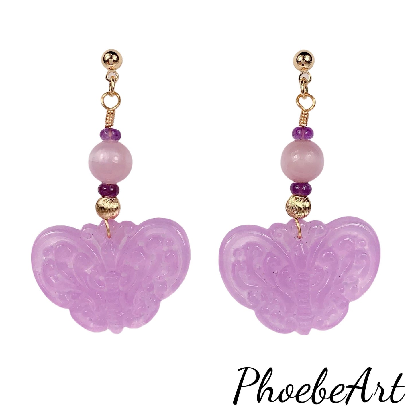 Amethyst Kunzite Earrings: 14K Gold Filled, Purple Jade Butterfly