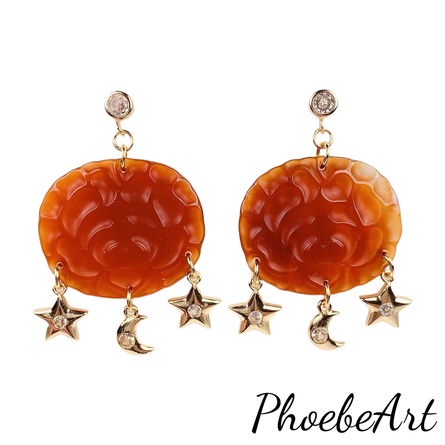 Orange Jade 14K Gold Filled Earrings: Handmade Star Moon Design