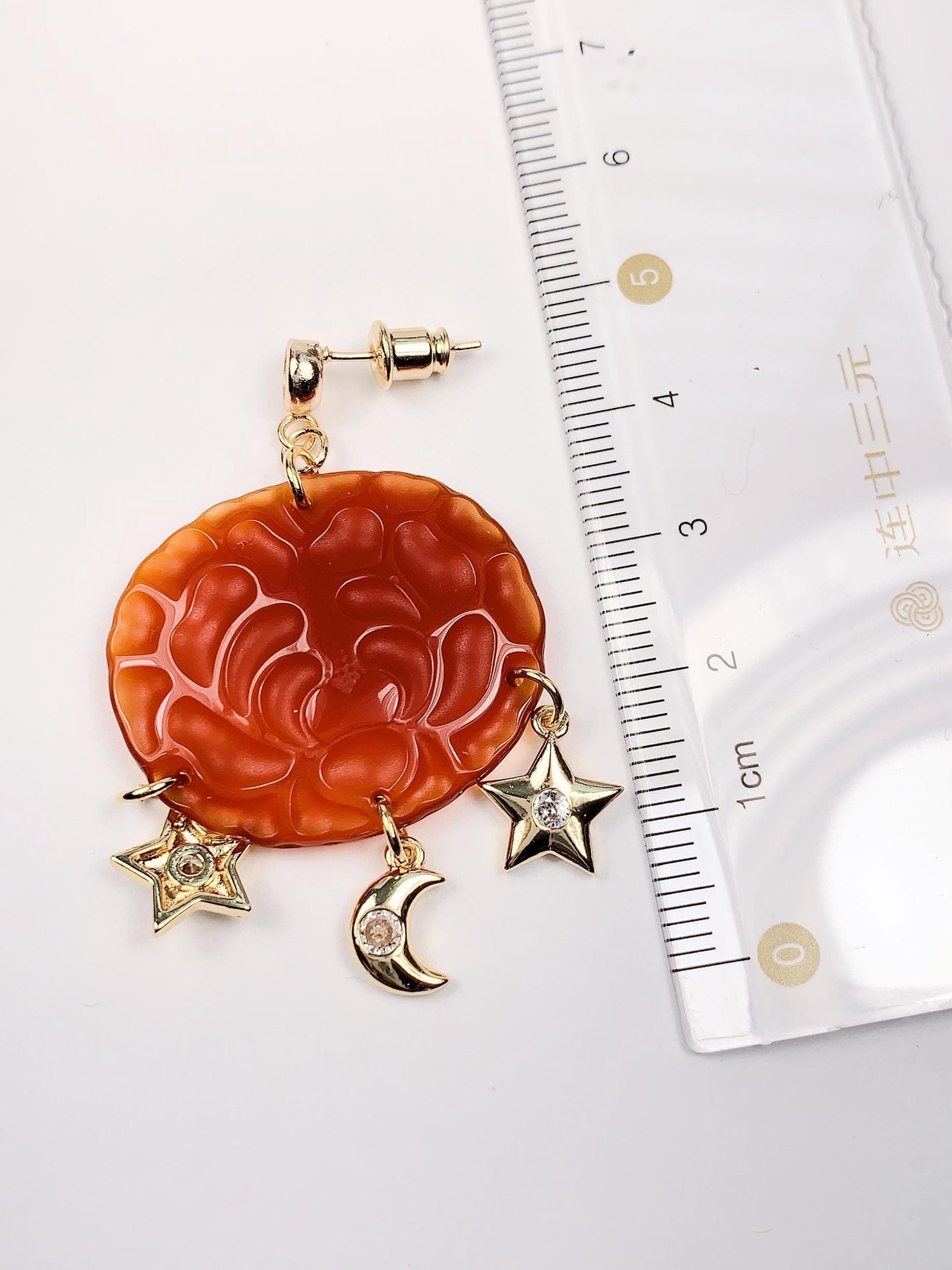 Orange Jade 14K Gold Filled Earrings: Handmade Star Moon Design