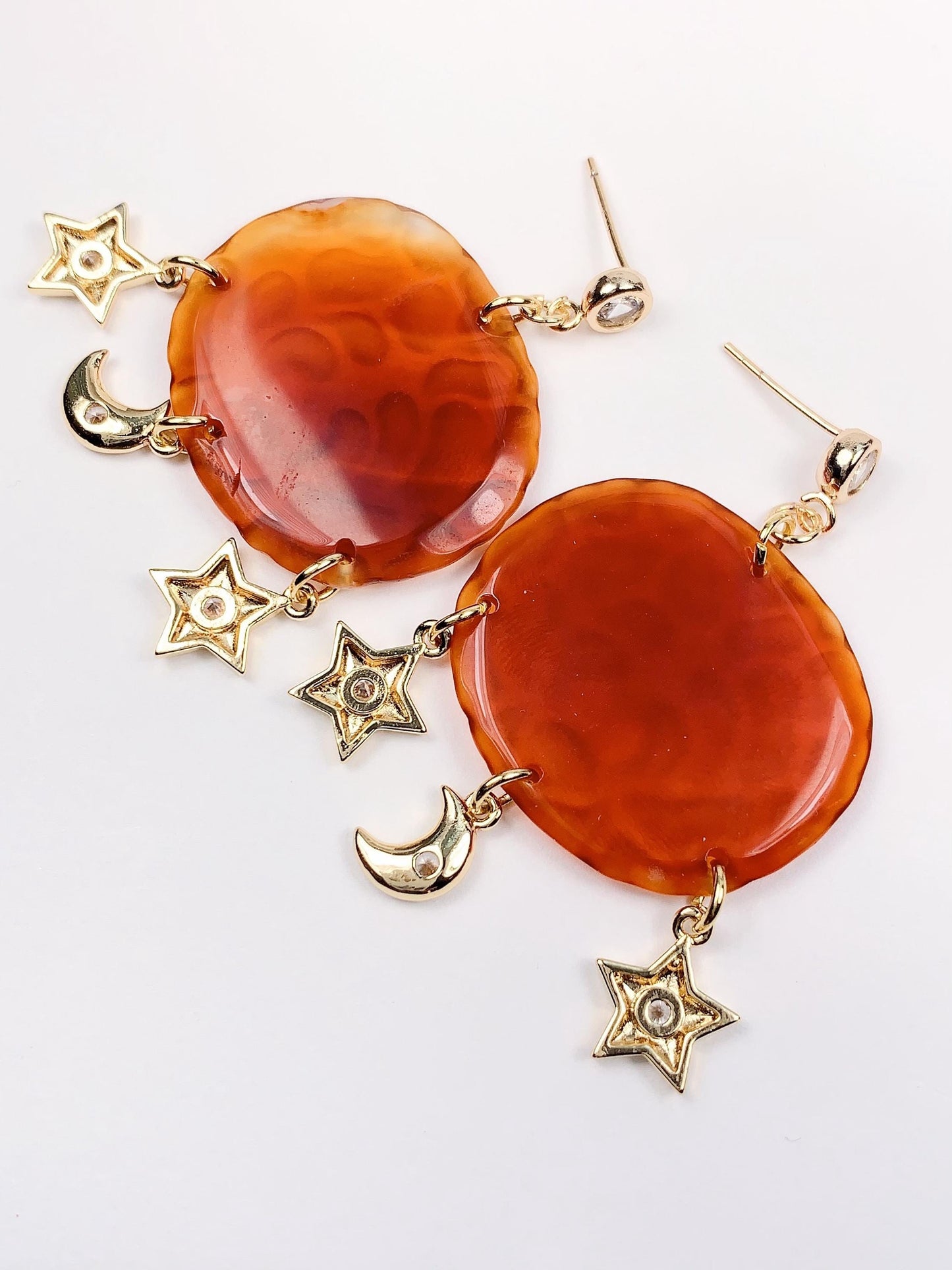 Orange Jade 14K Gold Filled Earrings: Handmade Star Moon Design