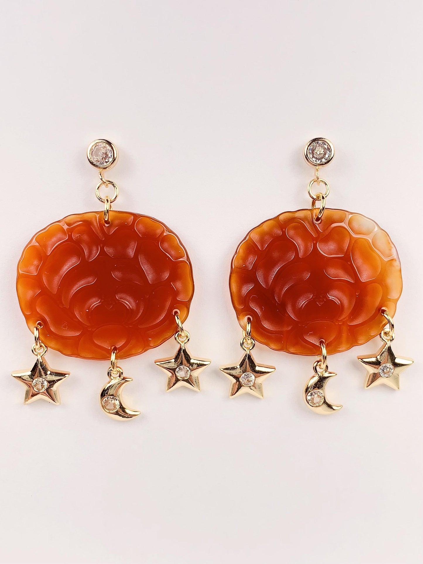 Orange Jade 14K Gold Filled Earrings: Handmade Star Moon Design