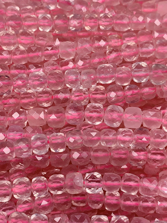 4.5mm + AAA+  Natural madagascar Transparent Pink Rose Quartz Faceted Cube Square Beads 15.5" Strand very good quality