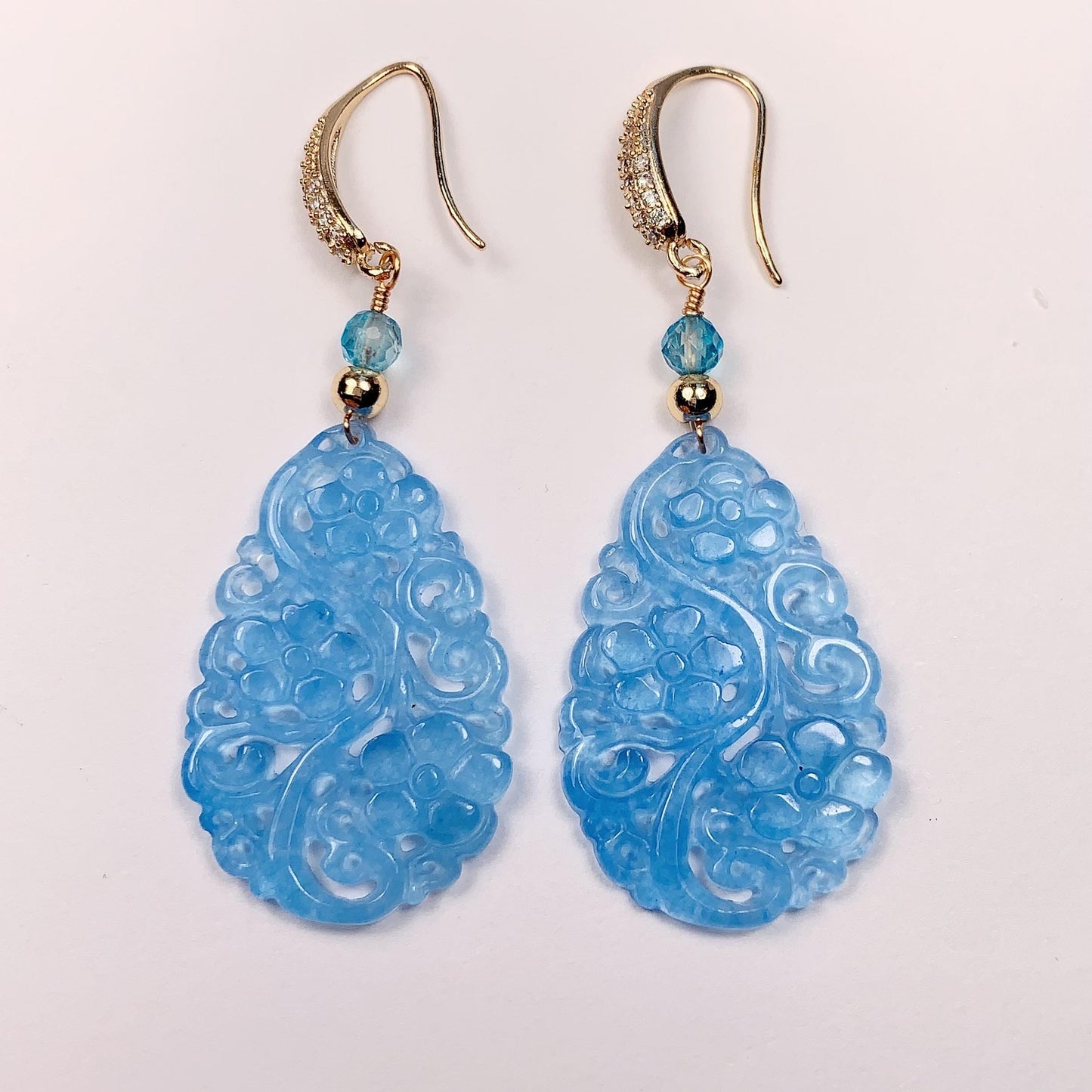 34mm Natural Blue Jade 14K Yellow Gold Filled Earrings Ear Stud Handmade