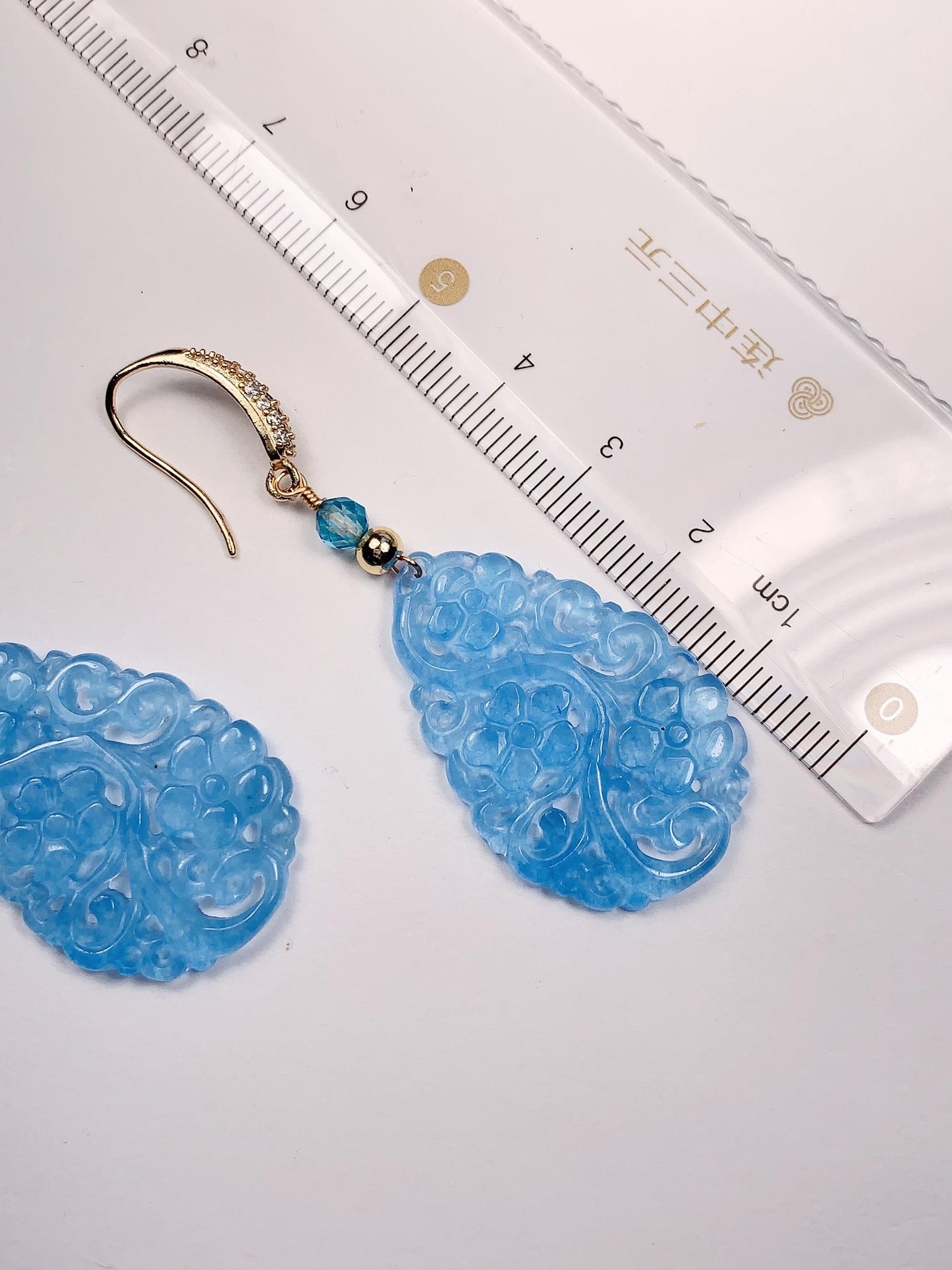 34mm Natural Blue Jade 14K Yellow Gold Filled Earrings Ear Stud Handmade