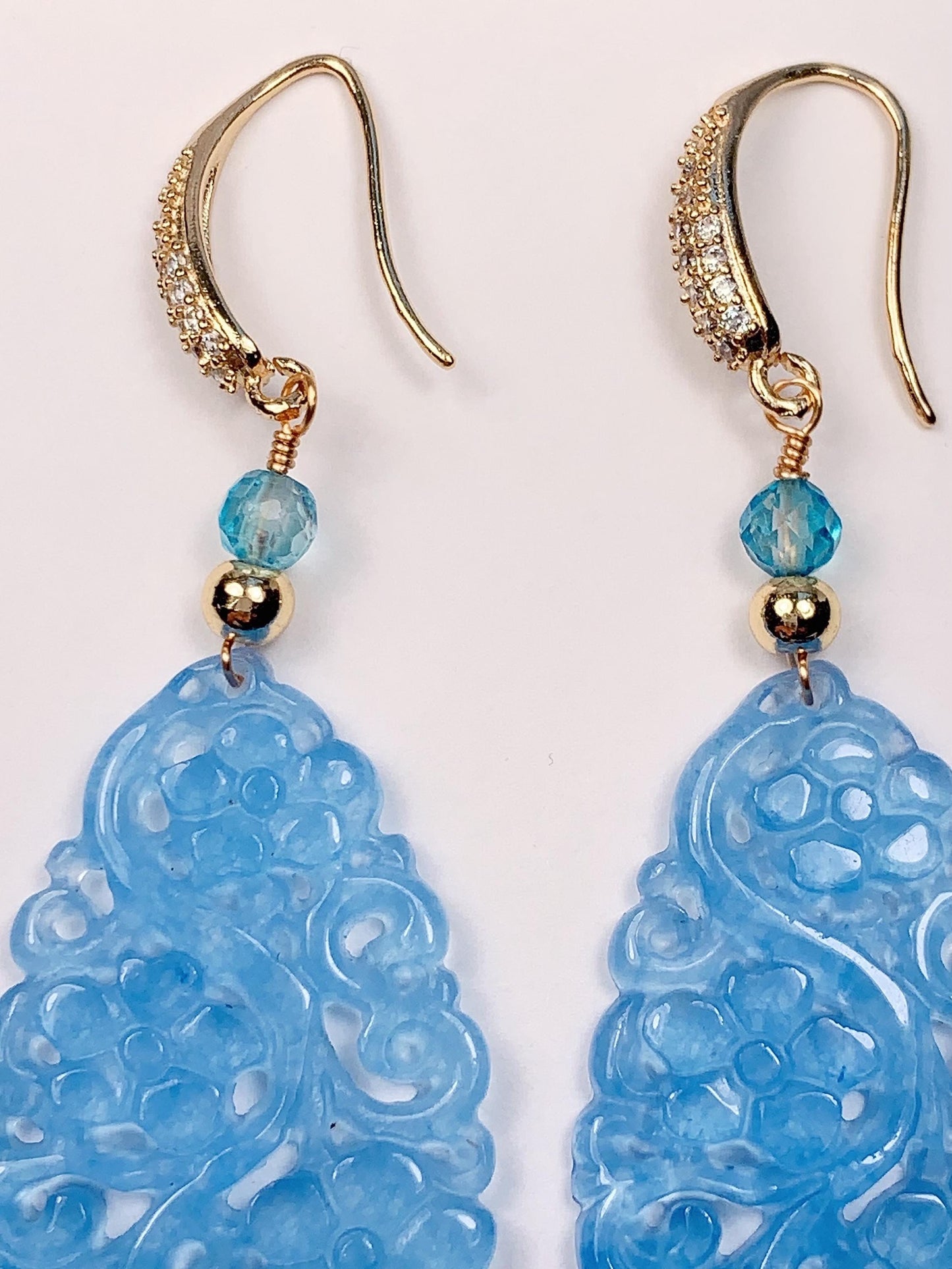 34mm Natural Blue Jade 14K Yellow Gold Filled Earrings Ear Stud Handmade