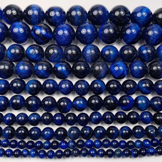 Blue Tiger's Eye Smooth Round Beads Gemstone Strand (4mm-12mm, 15.5")