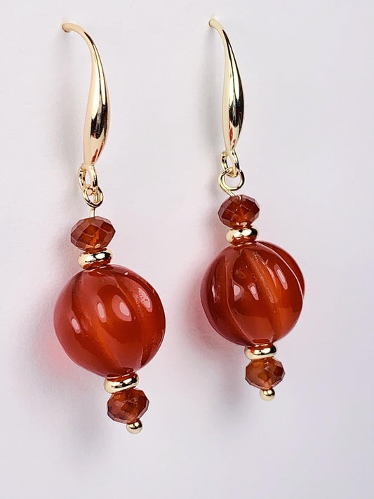 12mm Natural Green Jade and Red Garnet 14K Yellow Gold Filled Earrings Ear Stud January May Birthstone