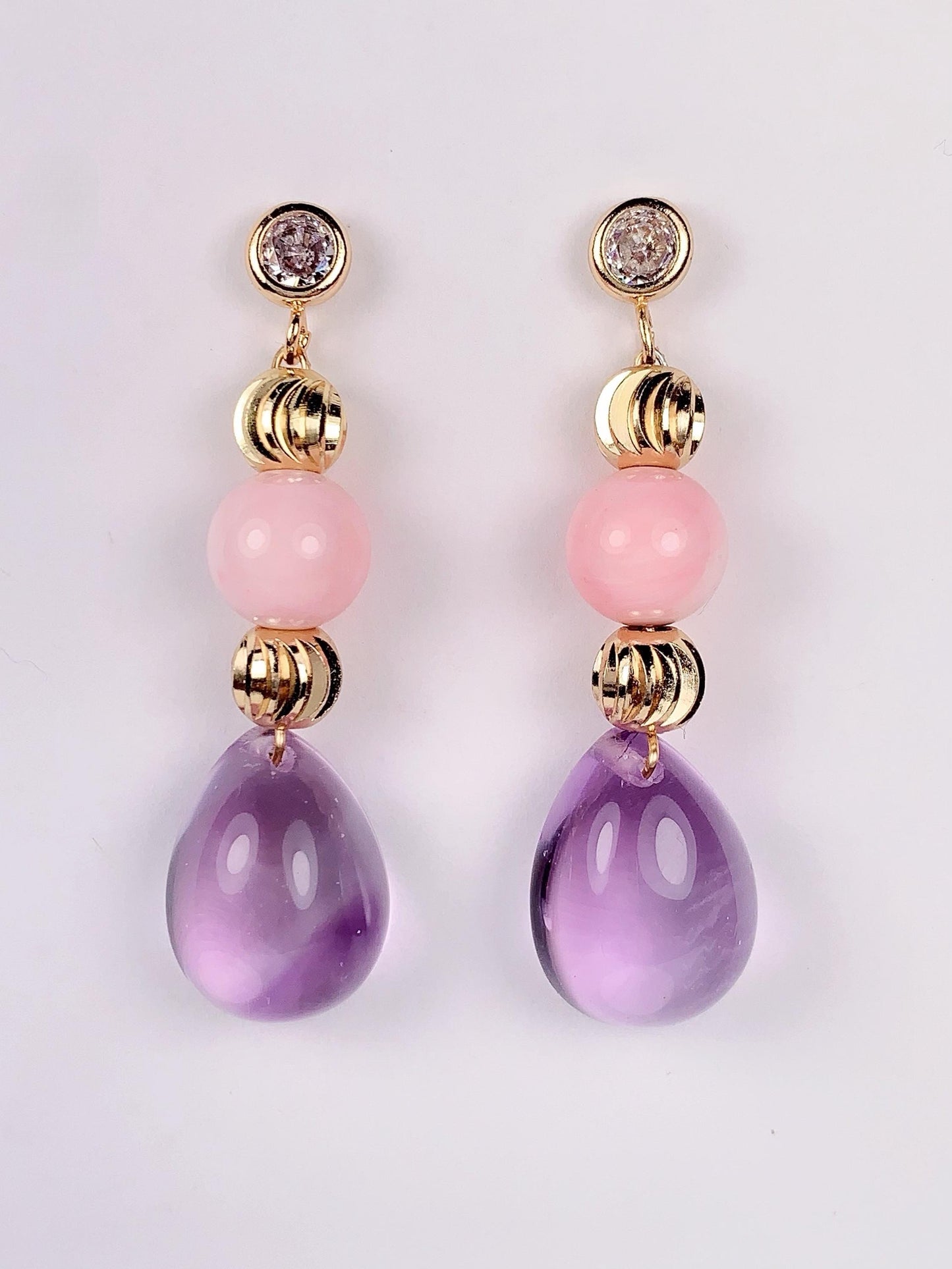 Amethyst and Pink Conch Earrings: 14K Gold Filled, February Birthstone