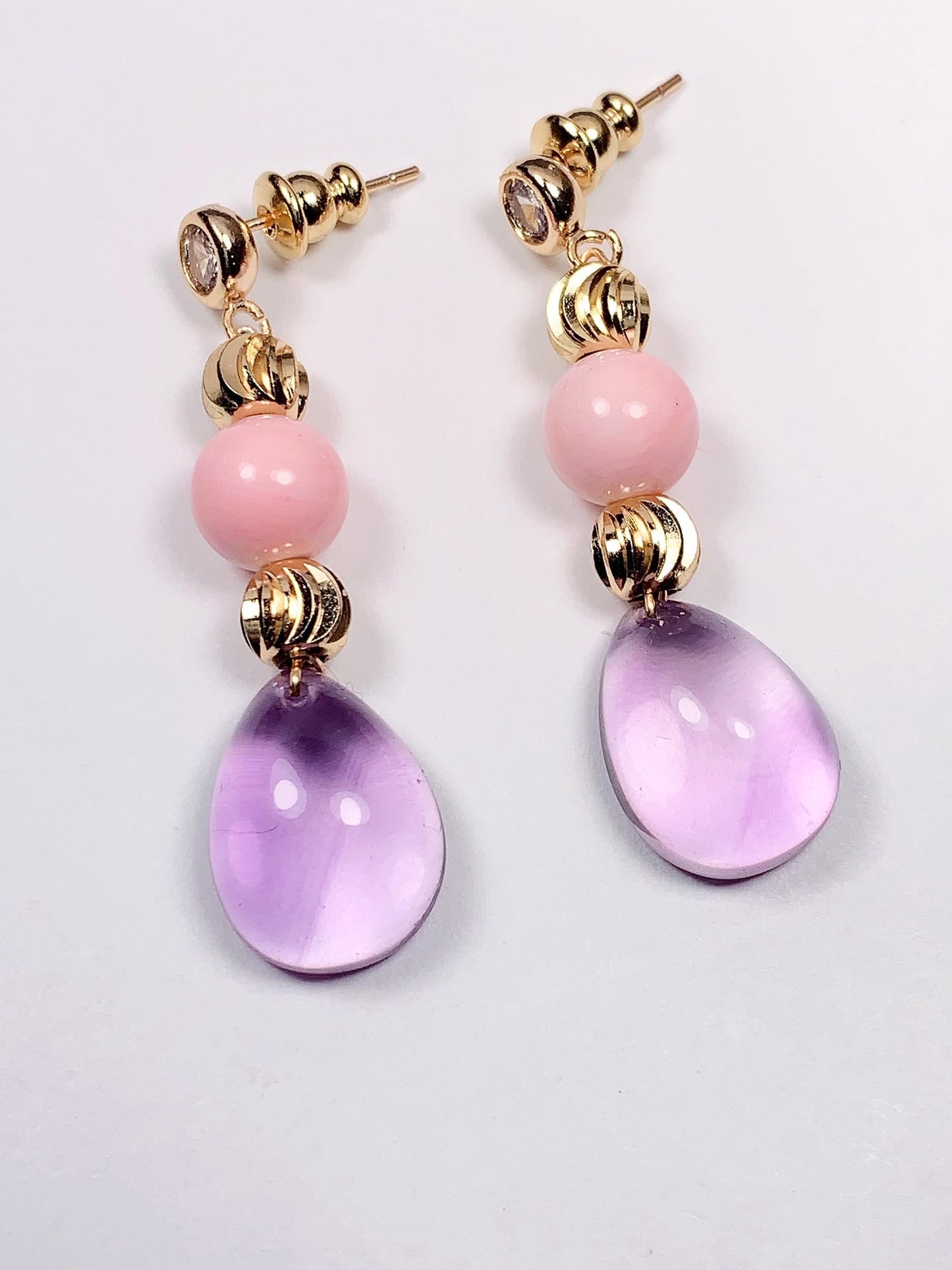 Amethyst and Pink Conch Earrings: 14K Gold Filled, February Birthstone