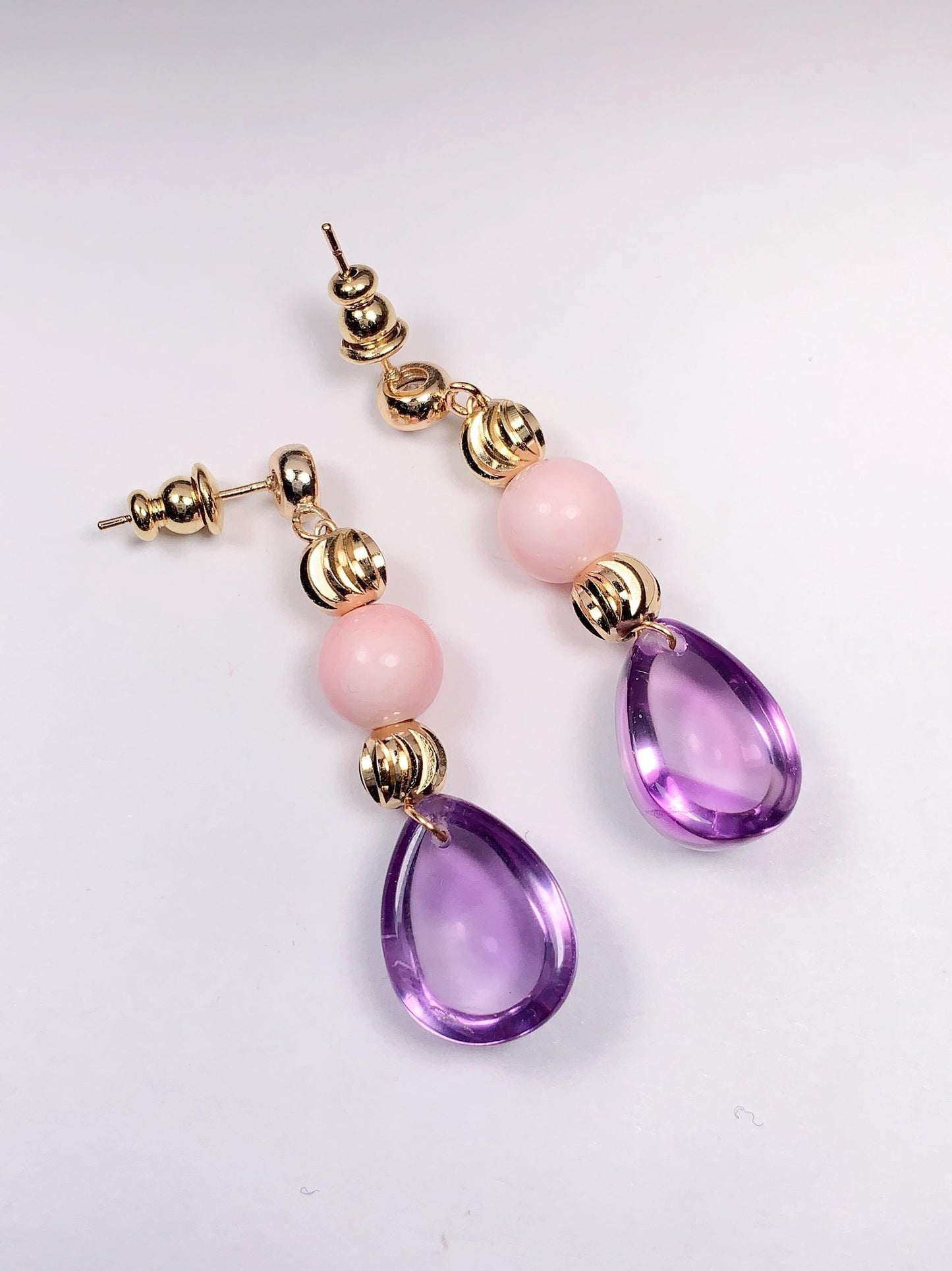Amethyst and Pink Conch Earrings: 14K Gold Filled, February Birthstone