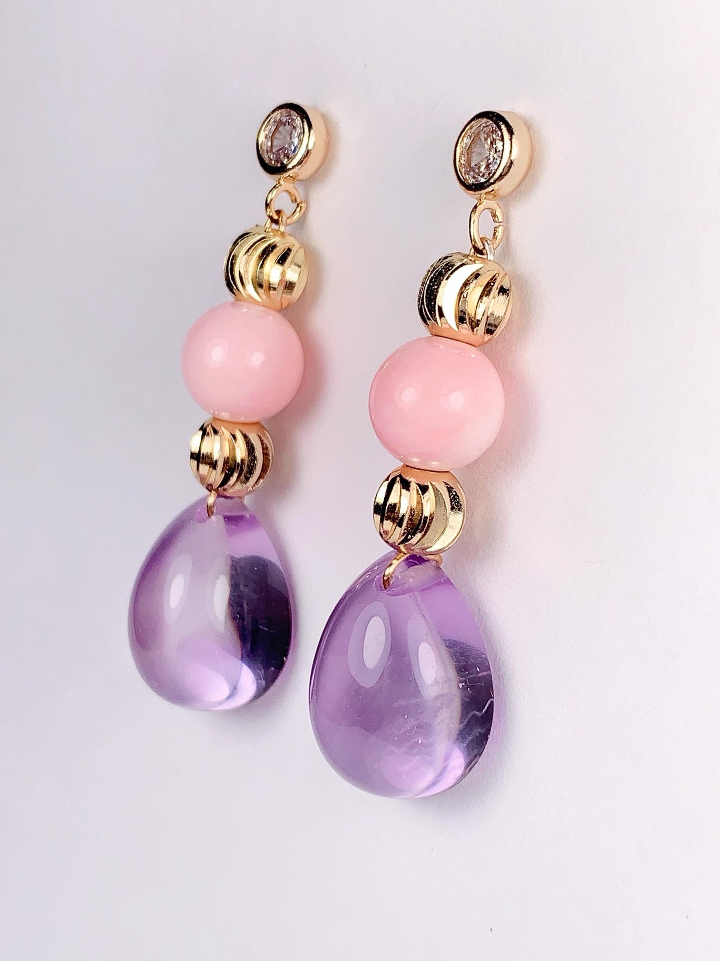 Amethyst and Pink Conch Earrings: 14K Gold Filled, February Birthstone