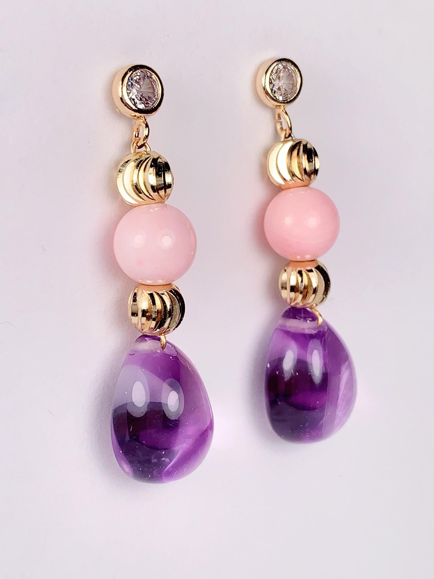 Amethyst and Pink Conch Earrings: 14K Gold Filled, February Birthstone