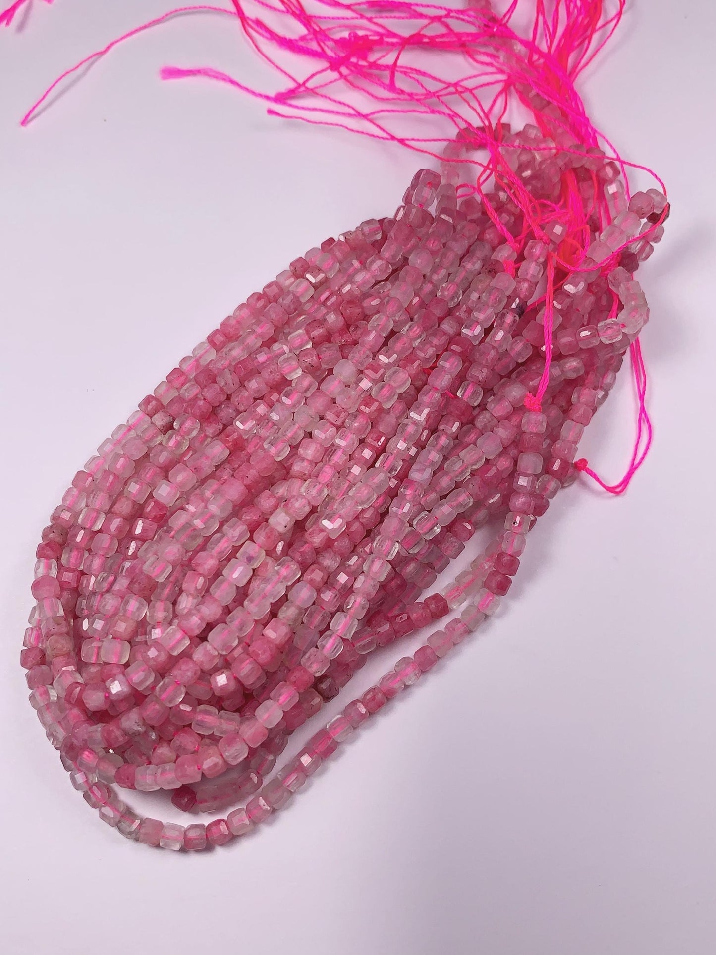 3mm Good Color Natural Transparent Red Pink Rhodonite Quartz Faceted Cube Square 15.5" Strand