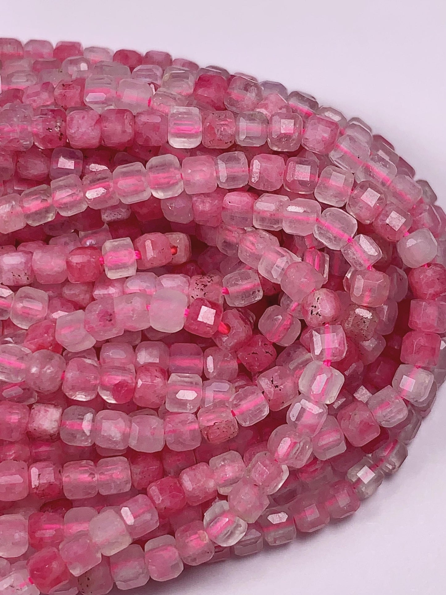 3mm Good Color Natural Transparent Red Pink Rhodonite Quartz Faceted Cube Square 15.5" Strand