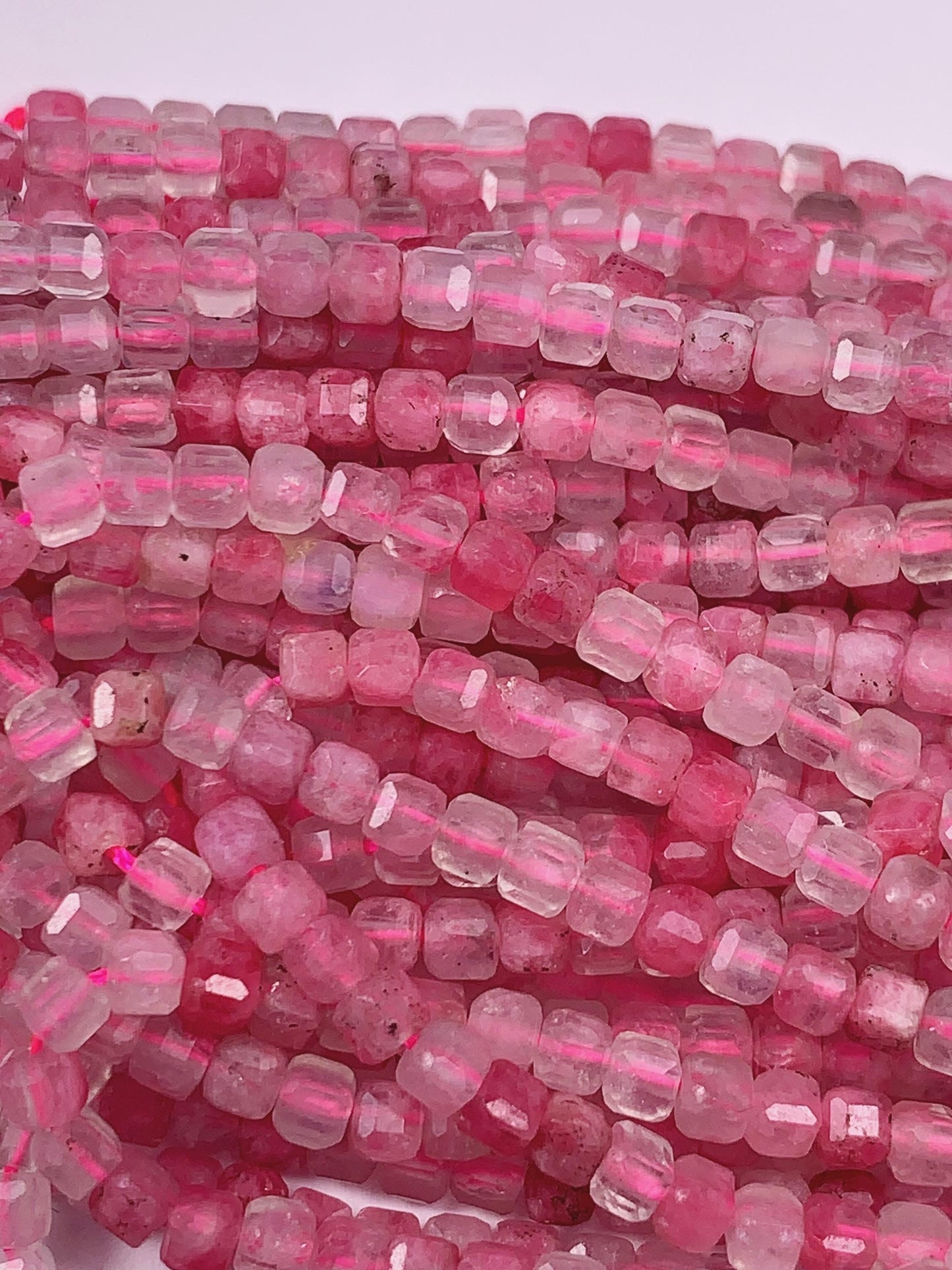 3mm Good Color Natural Transparent Red Pink Rhodonite Quartz Faceted Cube Square 15.5" Strand