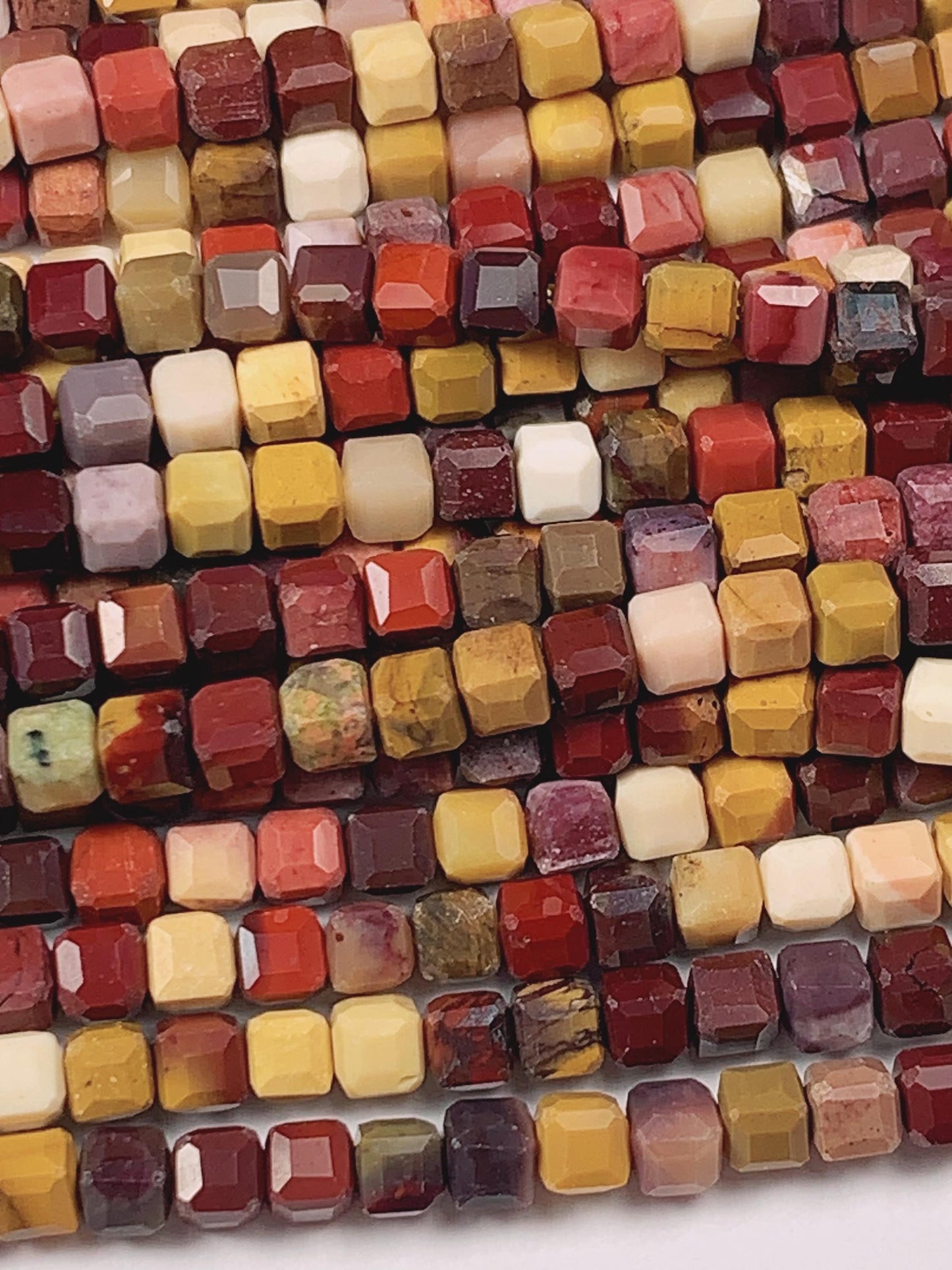 Red Yellow Mookaite Jasper Faceted Cube Beads: 3mm Strand