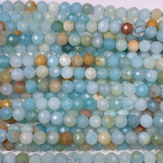4mm Good Color Genuine Natural Blue Yellow Amazonite Faceted Round Beads 15.5" Strand
