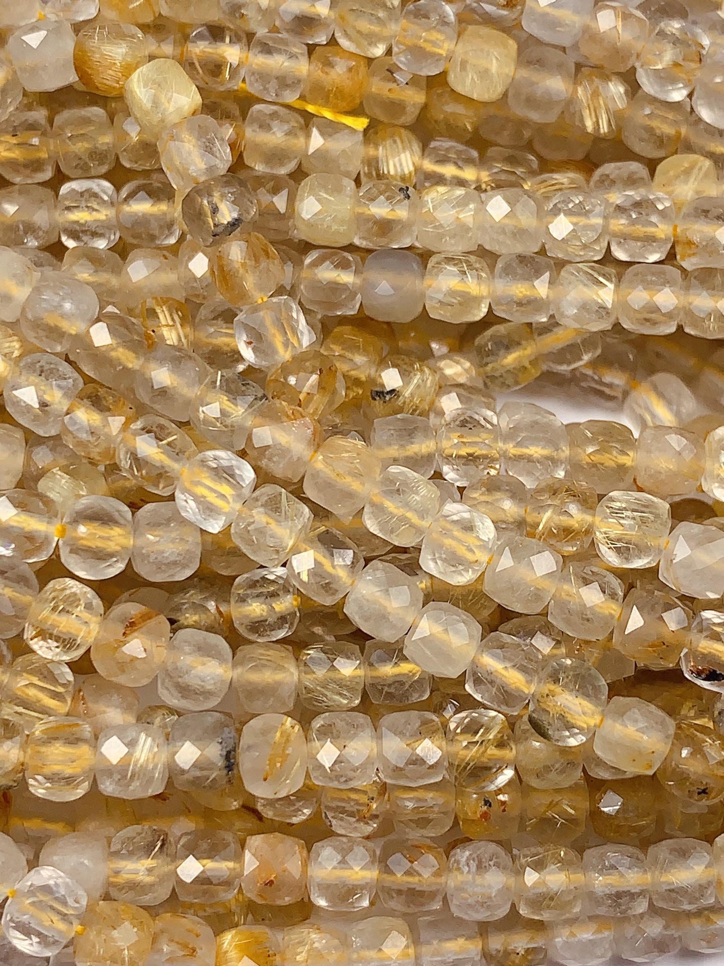 4.5mm High Quality Gold Rutilated Quartz Faceted Cube Square Beads Gemstone Strand 15.5 Golden