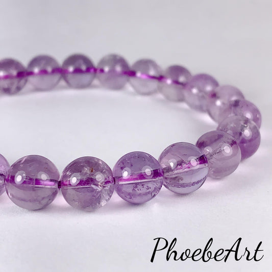 Natural Light  Purple Lavender Clear Ice cracks Amethyst Smooth Round Stretch Bracelet 8mm