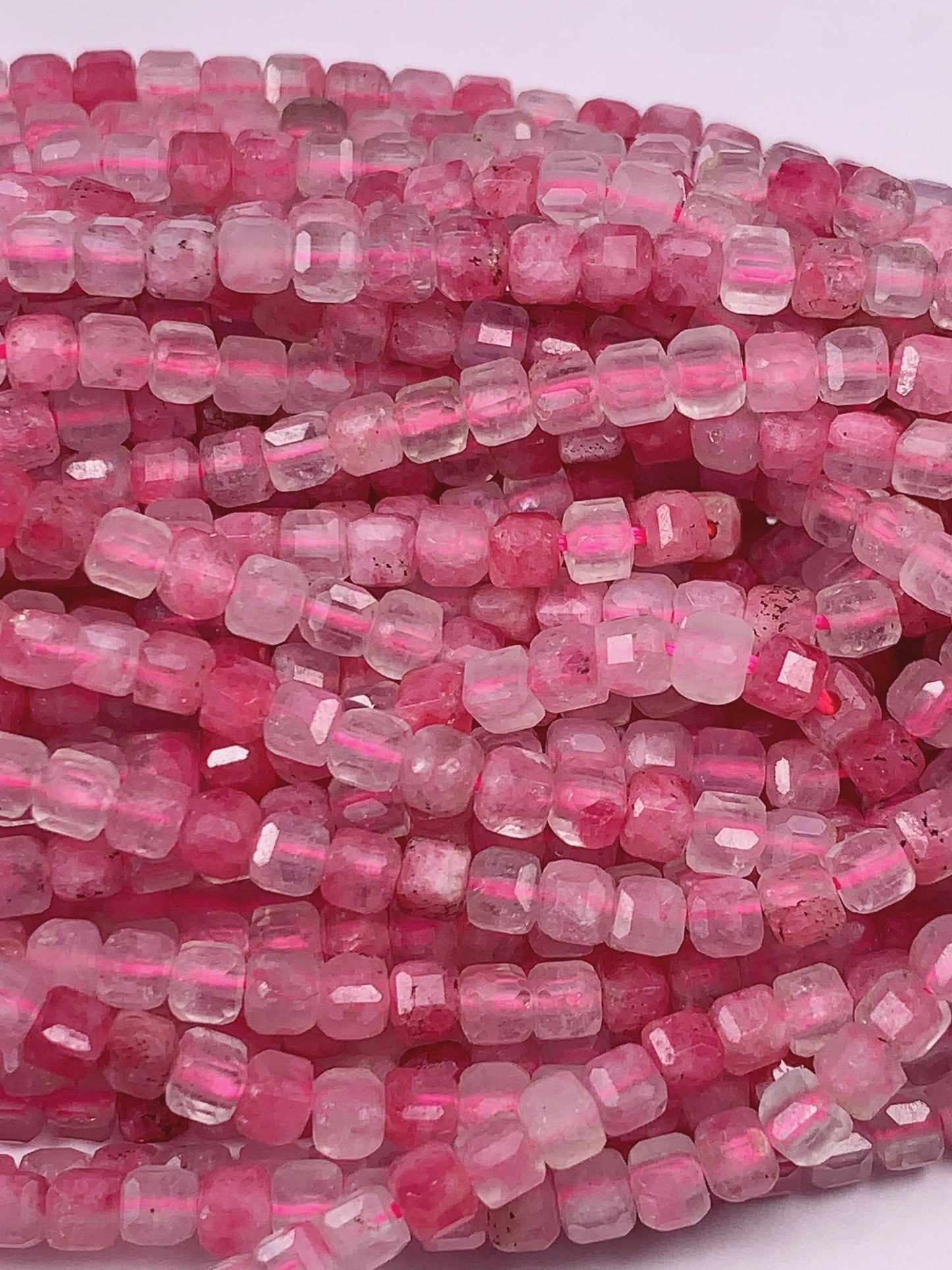 3mm Good Color Natural Transparent Red Pink Rhodonite Quartz Faceted Cube Square 15.5" Strand