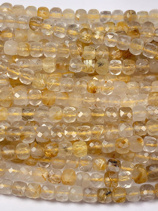 4.5mm High Quality Gold Rutilated Quartz Faceted Cube Square Beads Gemstone Strand 15.5 Golden