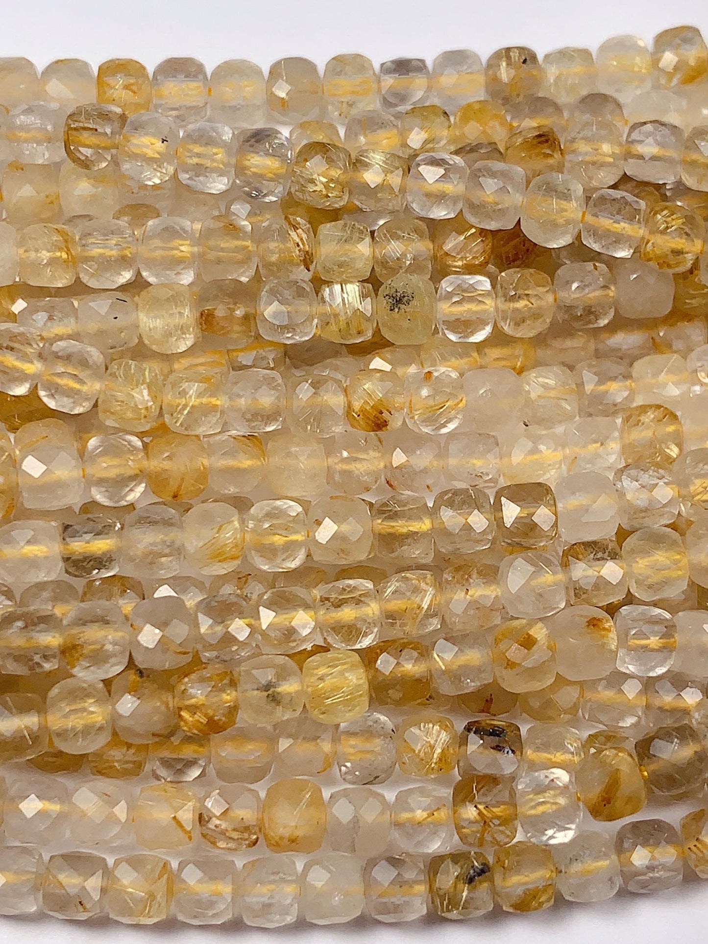 4.5mm High Quality Gold Rutilated Quartz Faceted Cube Square Beads Gemstone Strand 15.5 Golden
