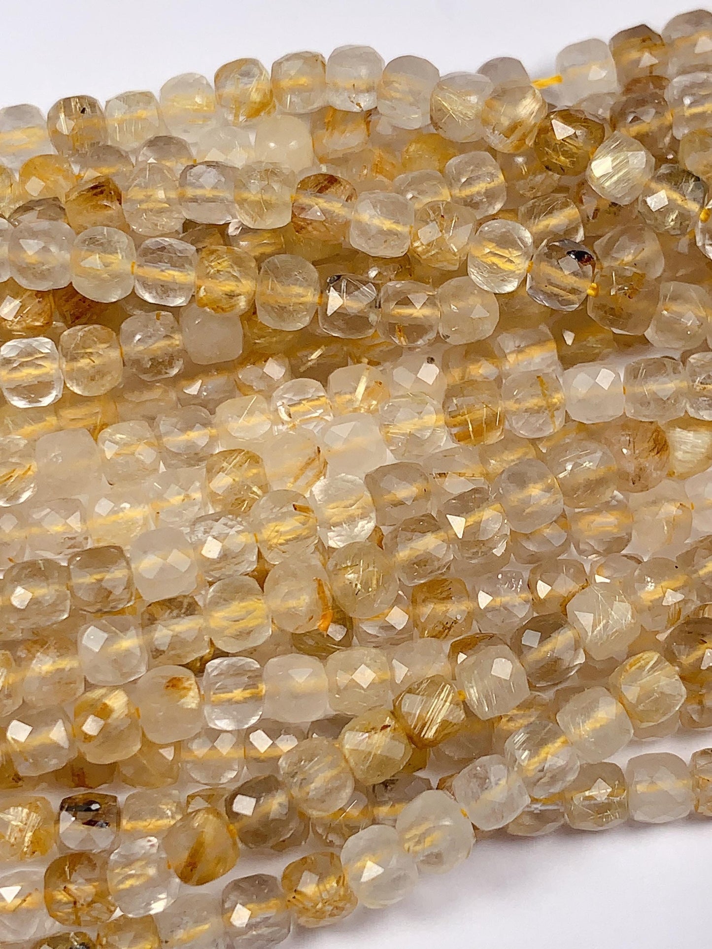 4.5mm High Quality Gold Rutilated Quartz Faceted Cube Square Beads Gemstone Strand 15.5 Golden